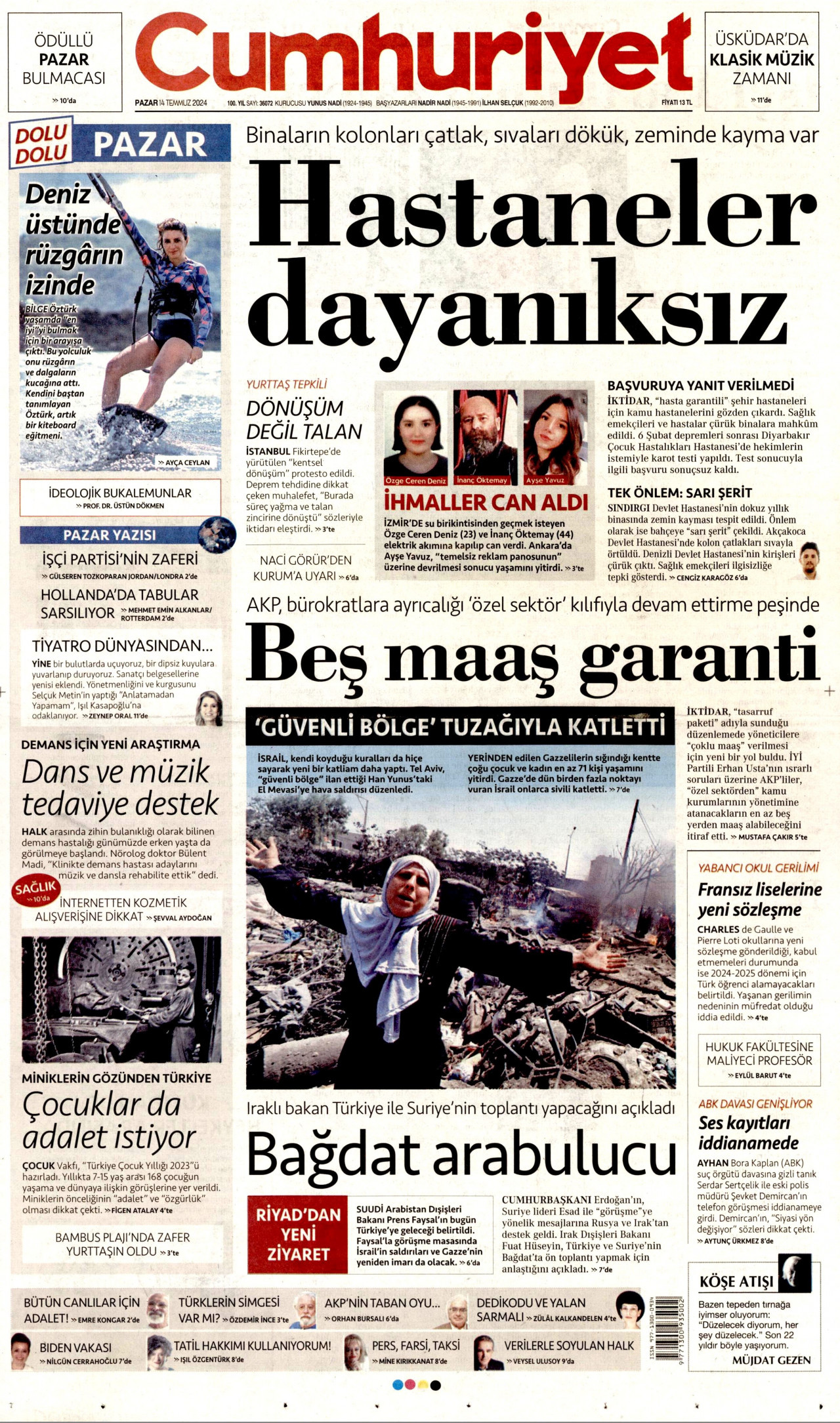 CUMHURİYET gazetesinin 14 Temmuz 2024 tarihli birinci sayfası