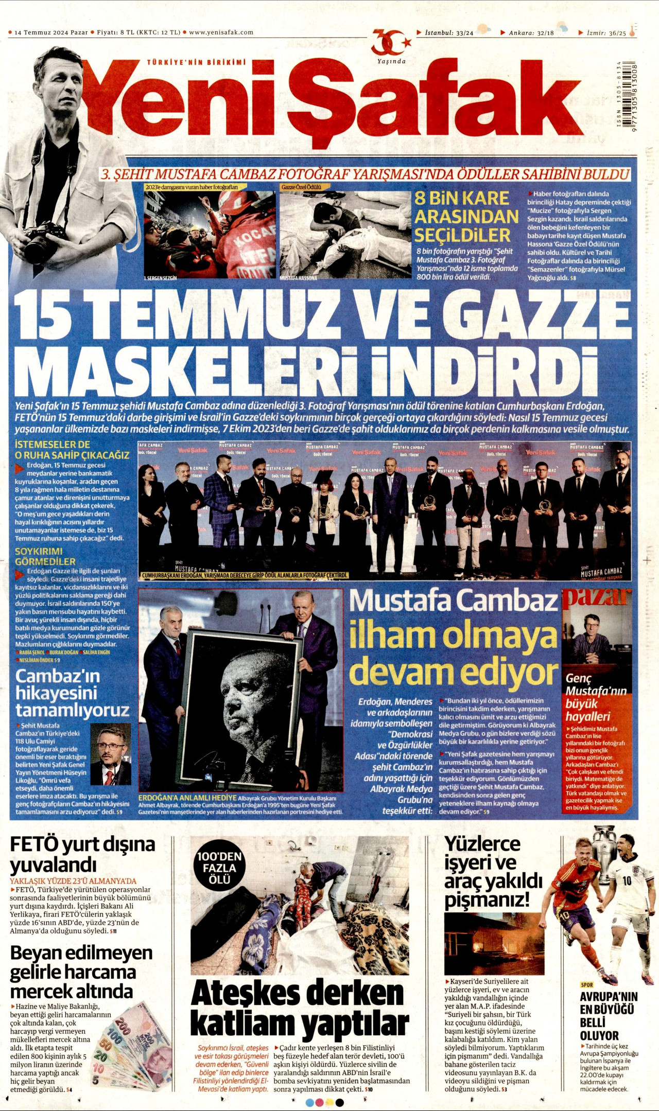YENİ ŞAFAK gazetesinin 14 Temmuz 2024 tarihli birinci sayfası