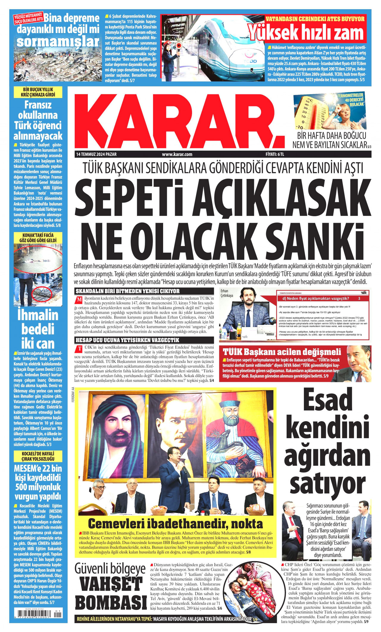 KARAR gazetesinin 14 Temmuz 2024 tarihli birinci sayfası