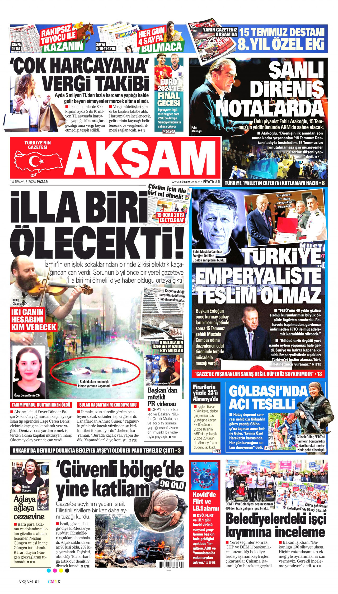 AKŞAM gazetesinin 14 Temmuz 2024 tarihli birinci sayfası