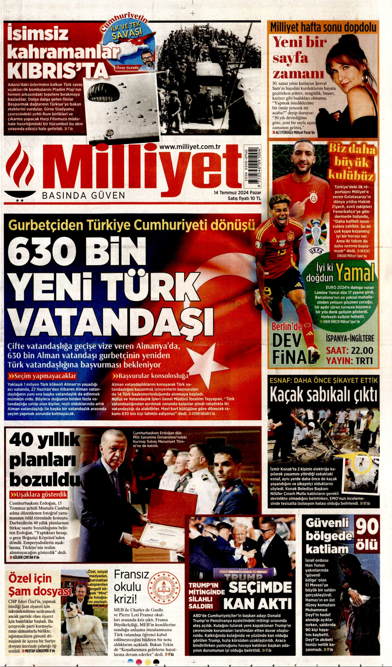 MİLLİYET gazetesinin 14 Temmuz 2024 tarihli birinci sayfası