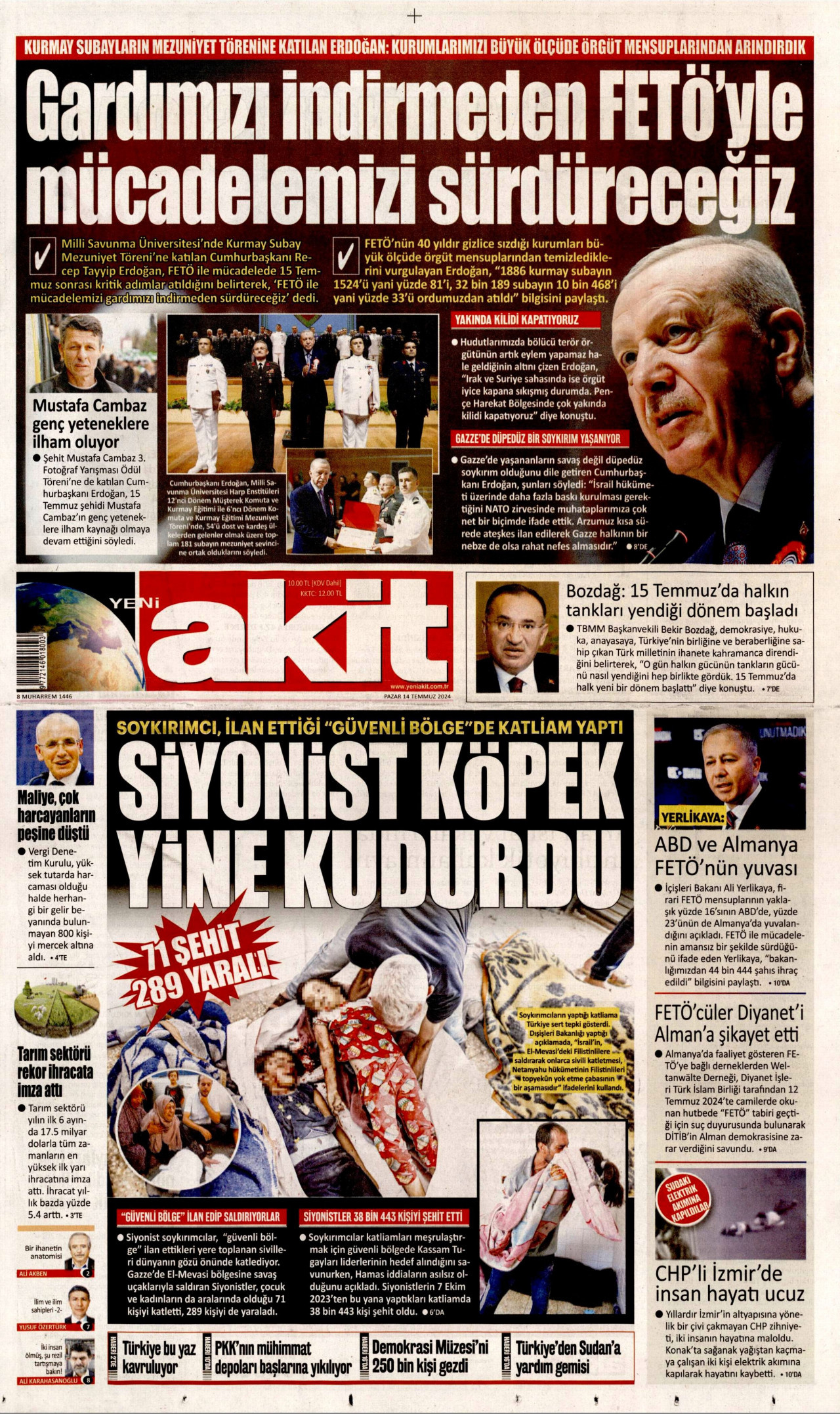 YENİ AKİT gazetesinin 14 Temmuz 2024 tarihli birinci sayfası