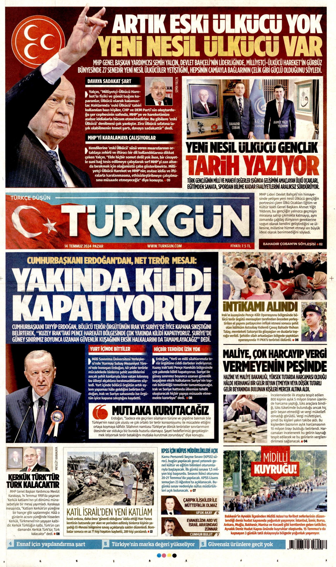 TÜRKGÜN gazetesinin 14 Temmuz 2024 tarihli birinci sayfası