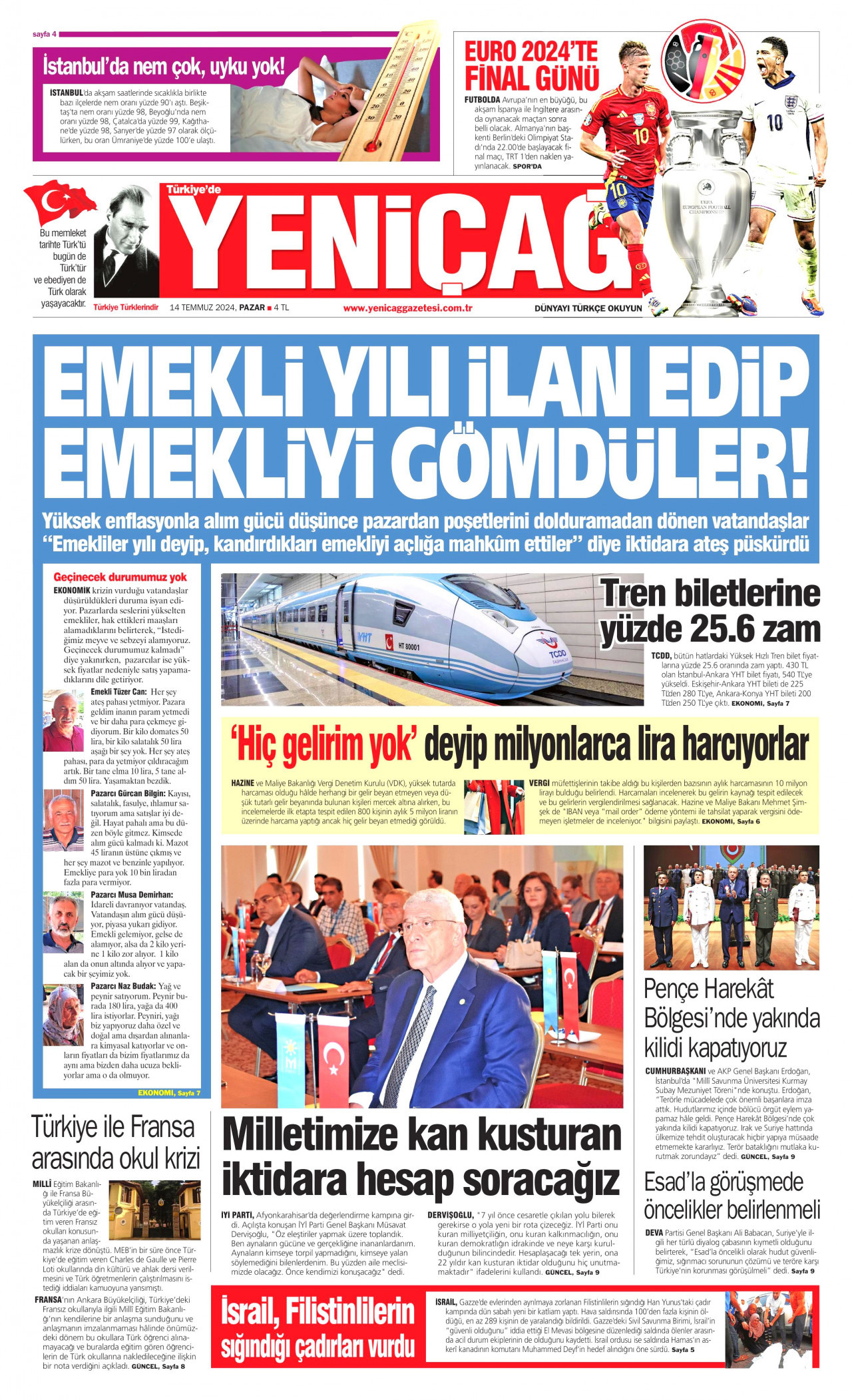 YENİÇAĞ gazetesinin 14 Temmuz 2024 tarihli birinci sayfası