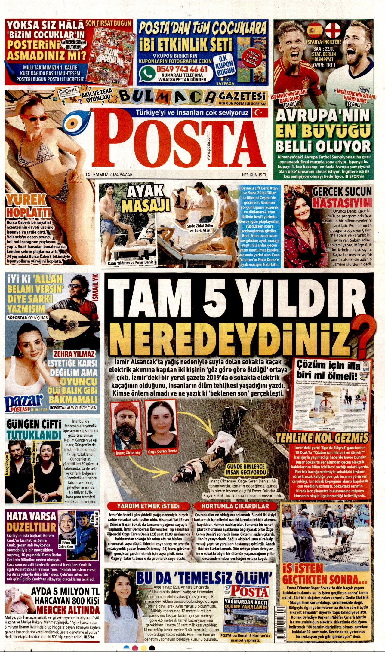POSTA gazetesinin 14 Temmuz 2024 tarihli birinci sayfası