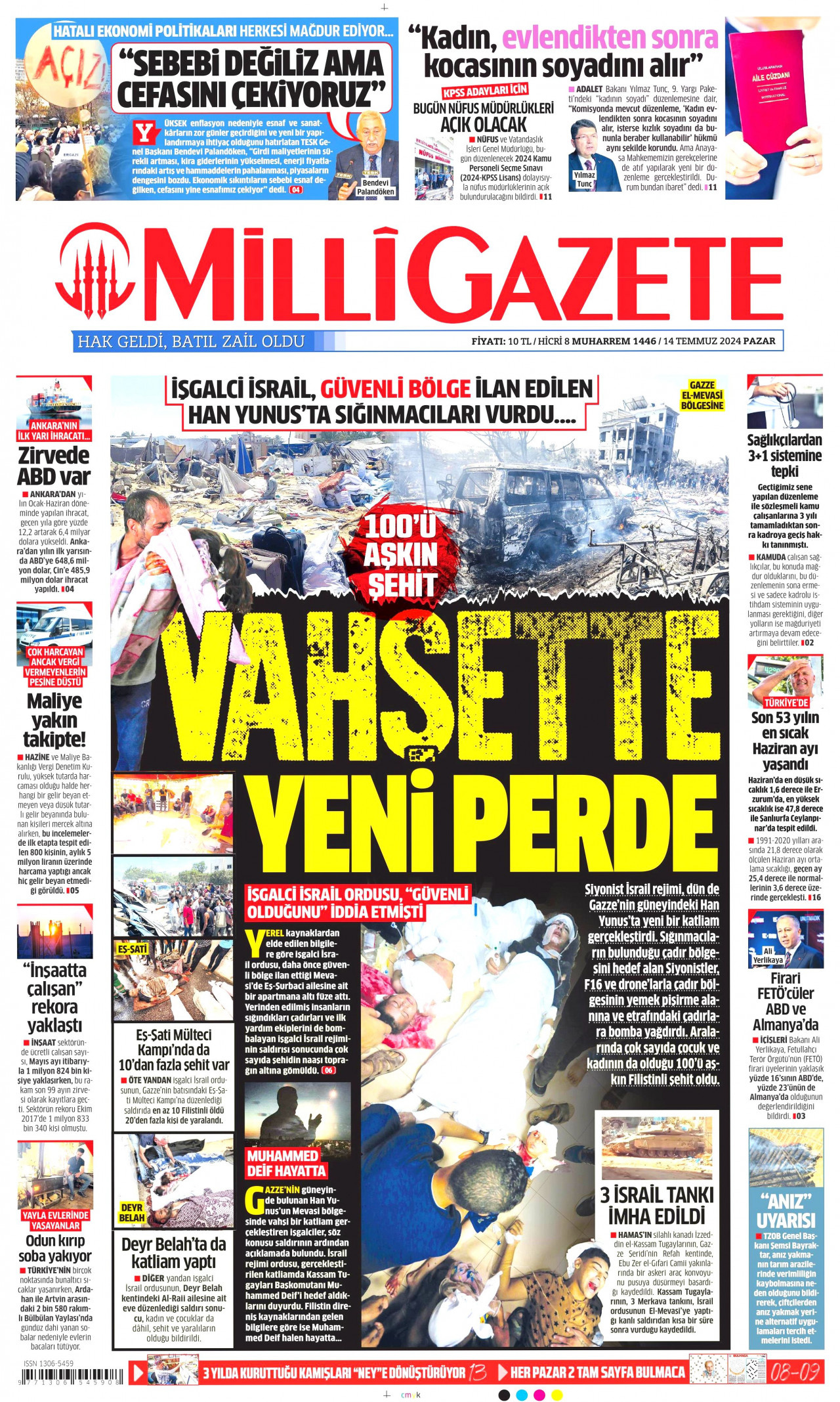 MİLLİ GAZETE gazetesinin 14 Temmuz 2024 tarihli birinci sayfası
