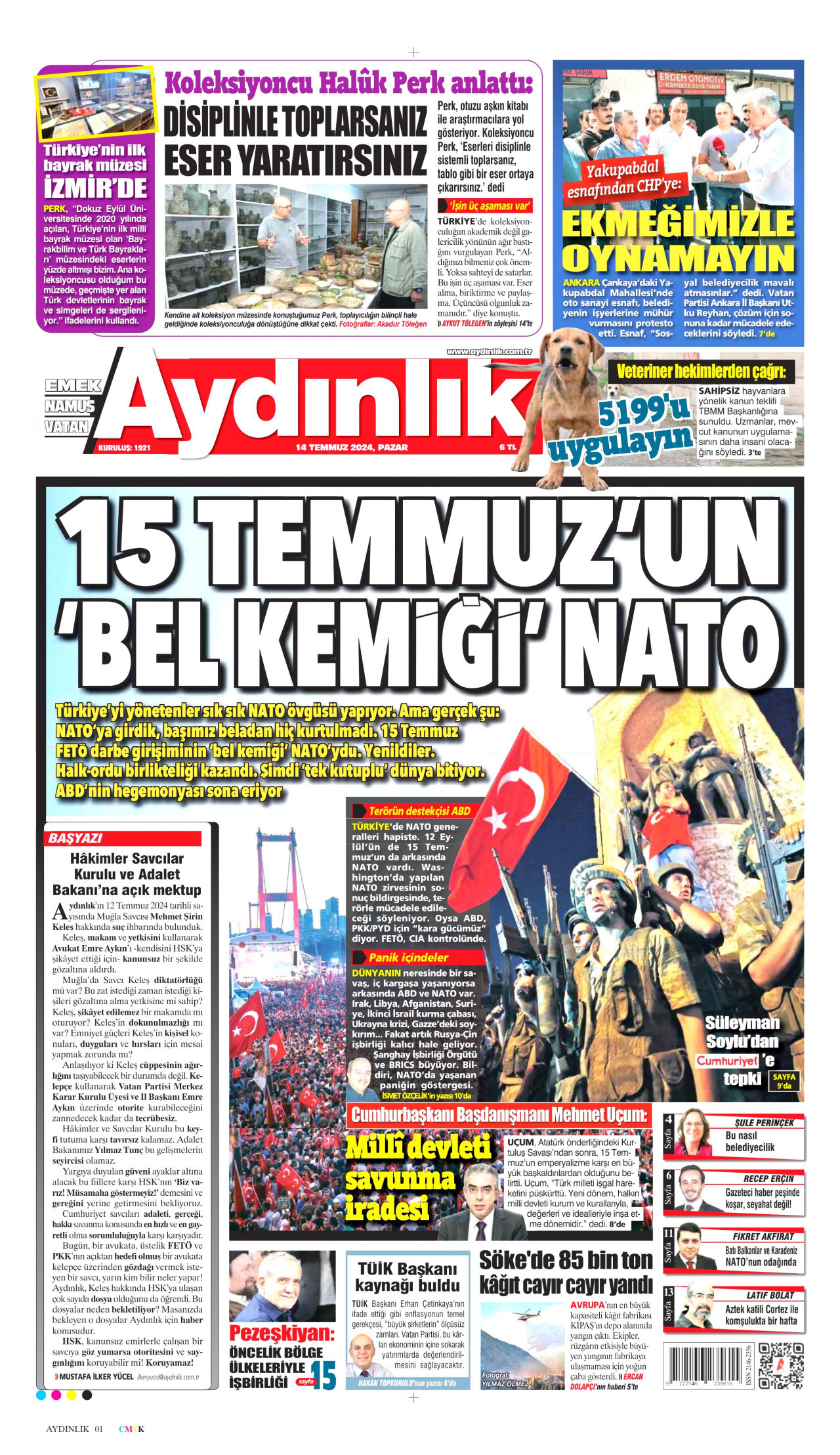 AYDINLIK GAZETESİ gazetesinin 14 Temmuz 2024 tarihli birinci sayfası