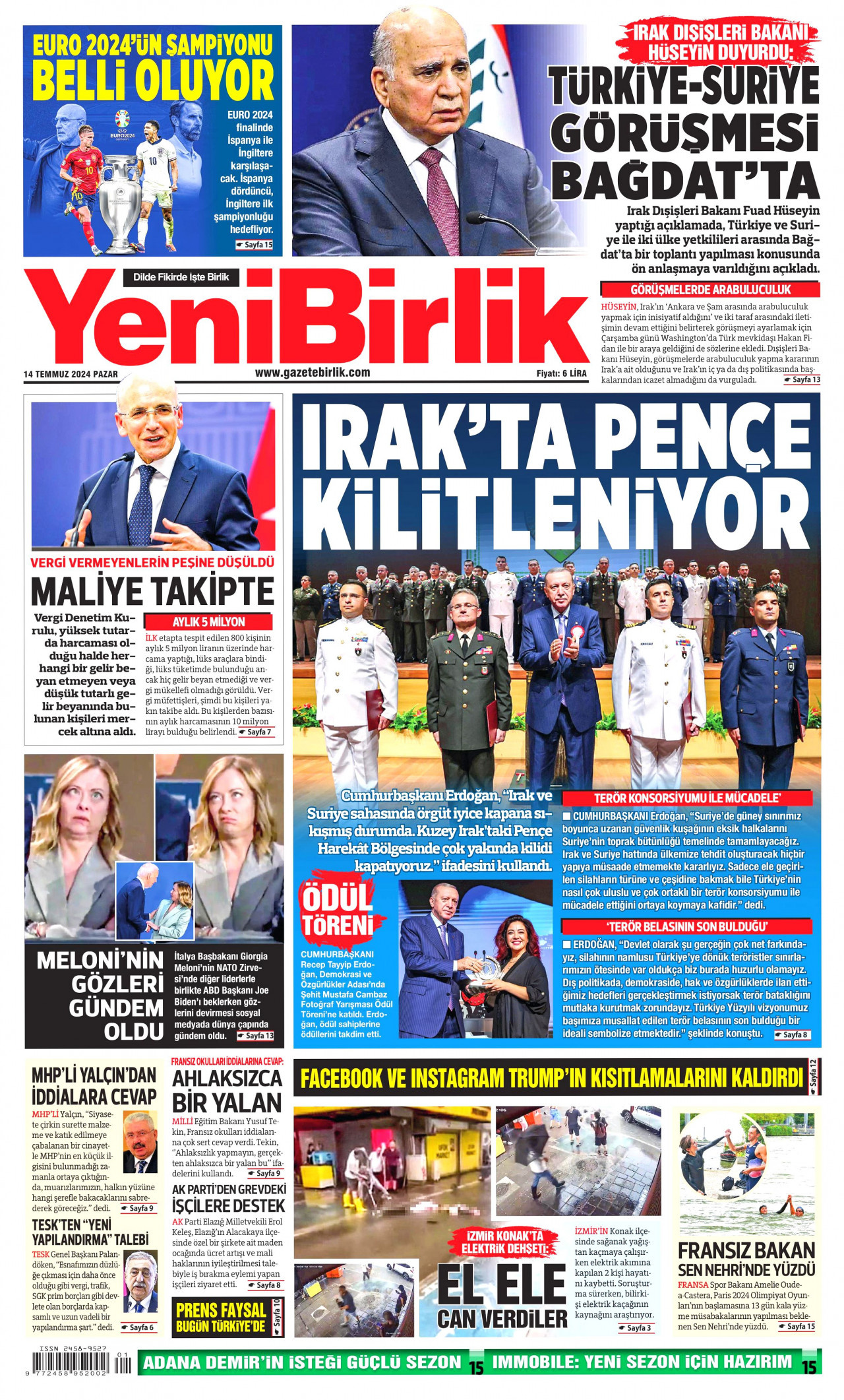 YENİBİRLİK gazetesinin 14 Temmuz 2024 tarihli birinci sayfası