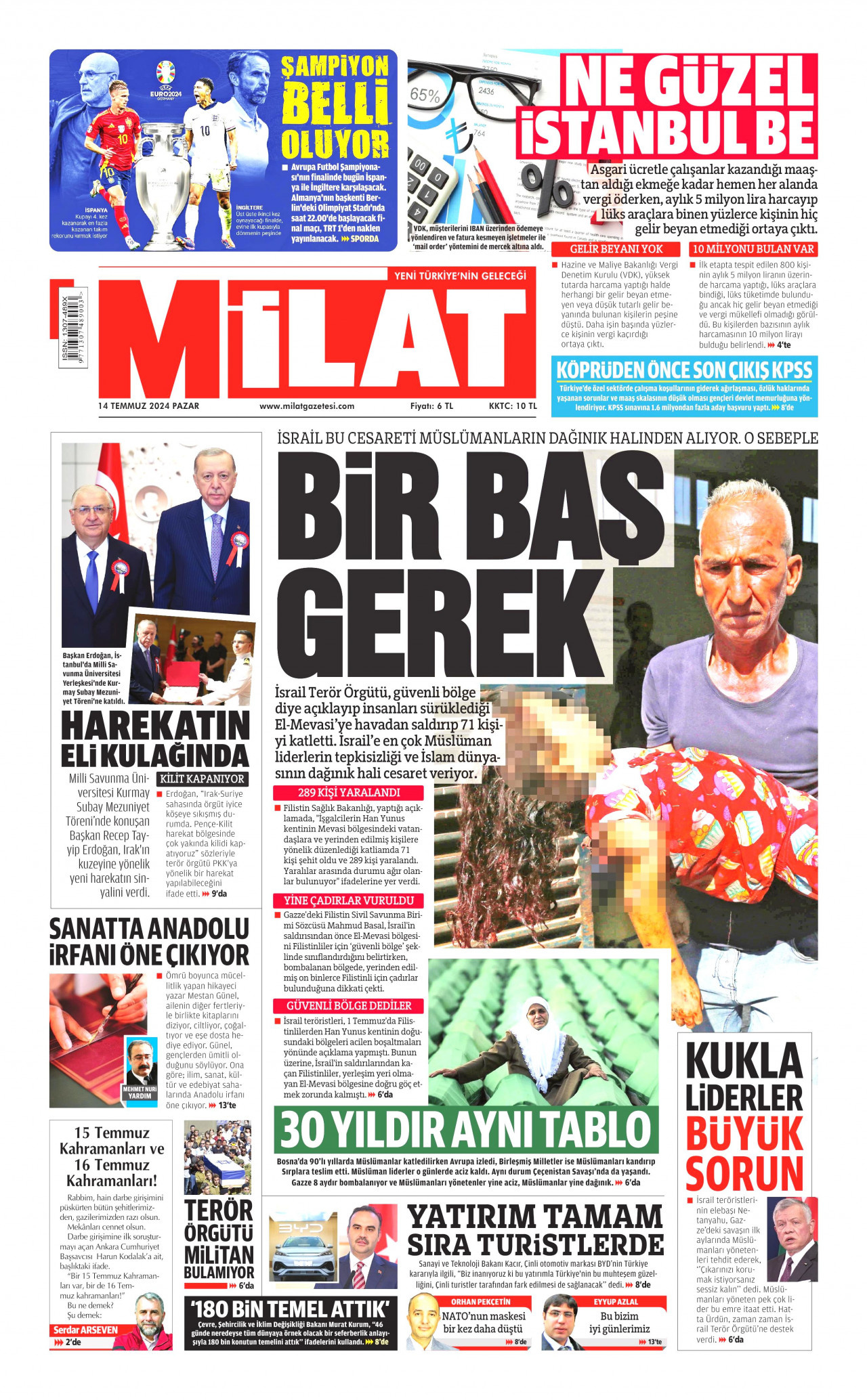 MİLAT gazetesinin 14 Temmuz 2024 tarihli birinci sayfası