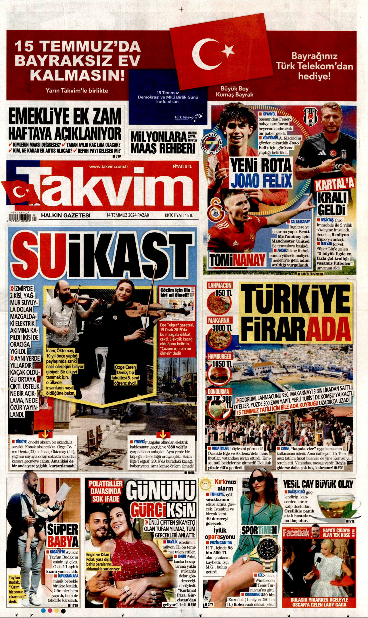 TAKVİM gazetesinin 14 Temmuz 2024 tarihli birinci sayfası