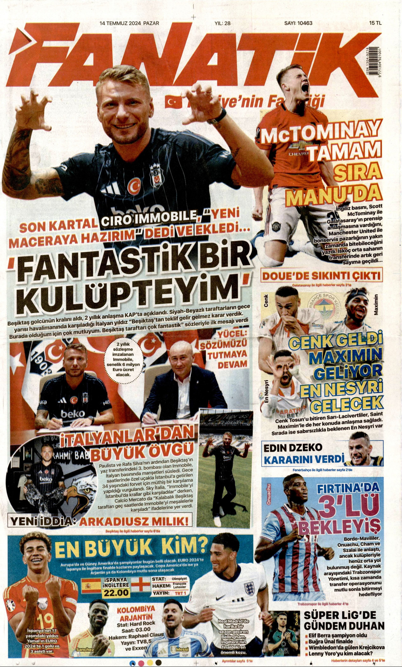 FANATİK gazetesinin 14 Temmuz 2024 tarihli birinci sayfası