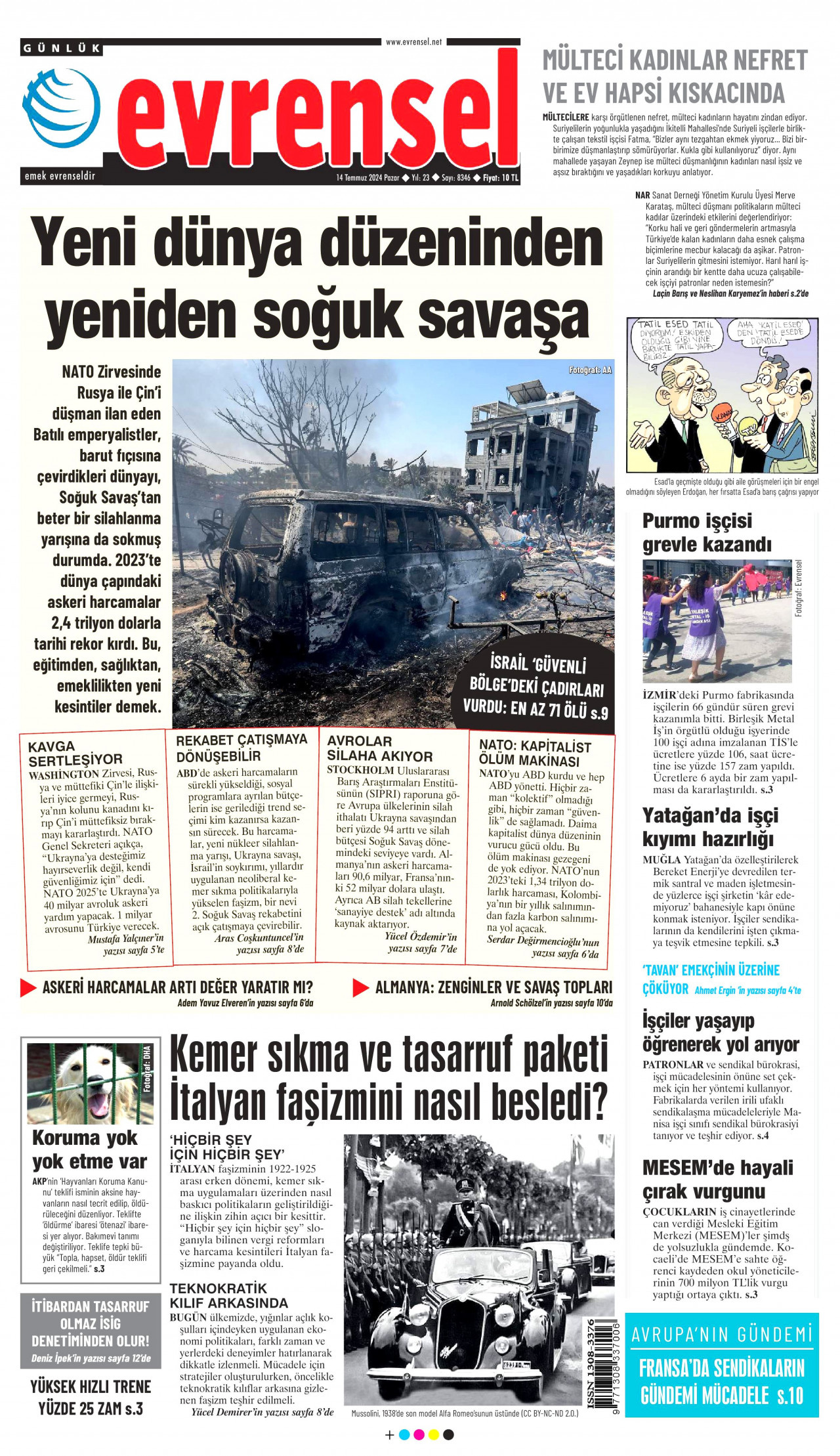 EVRENSEL gazetesinin 14 Temmuz 2024 tarihli birinci sayfası