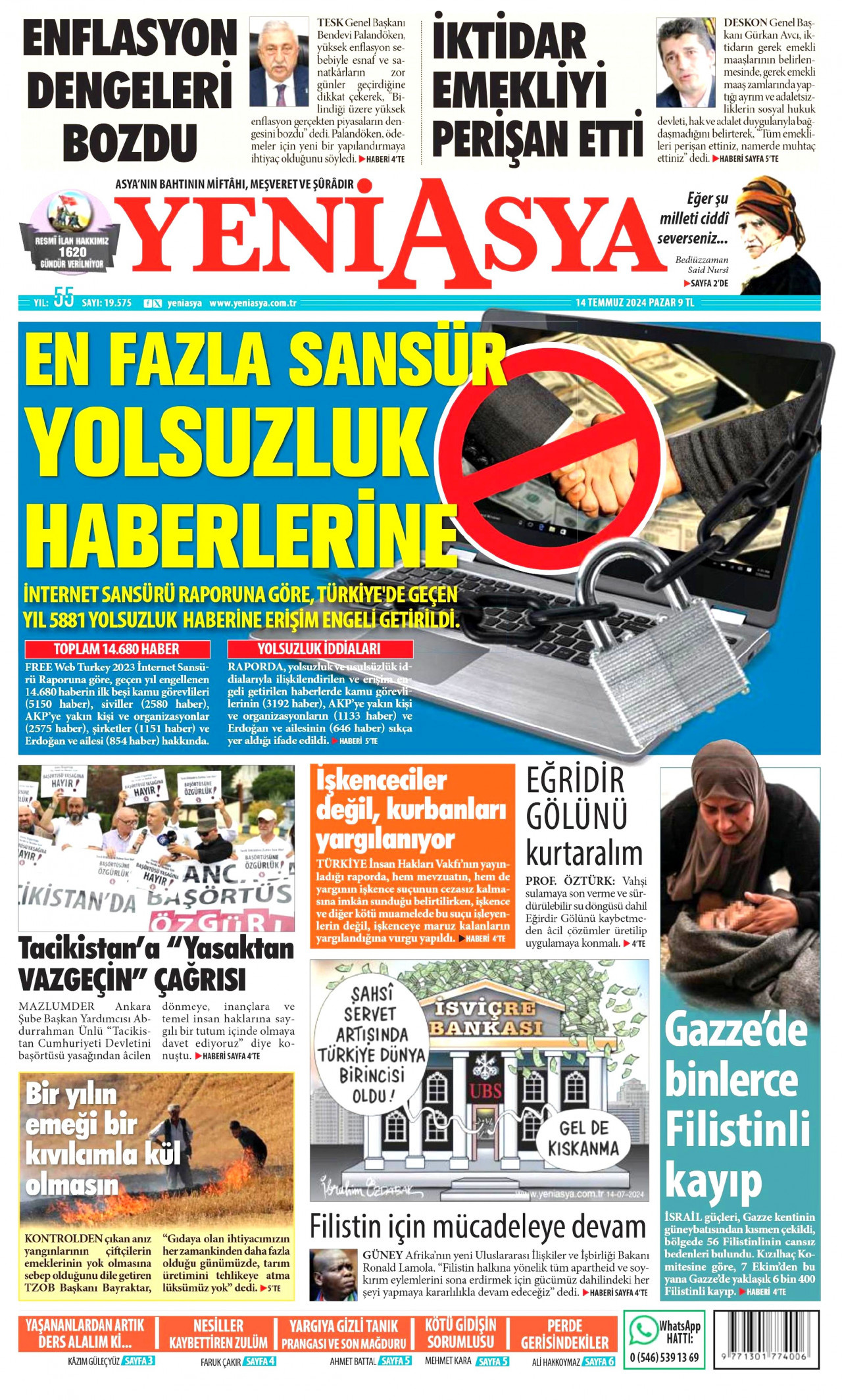 YENİ ASYA gazetesinin 14 Temmuz 2024 tarihli birinci sayfası