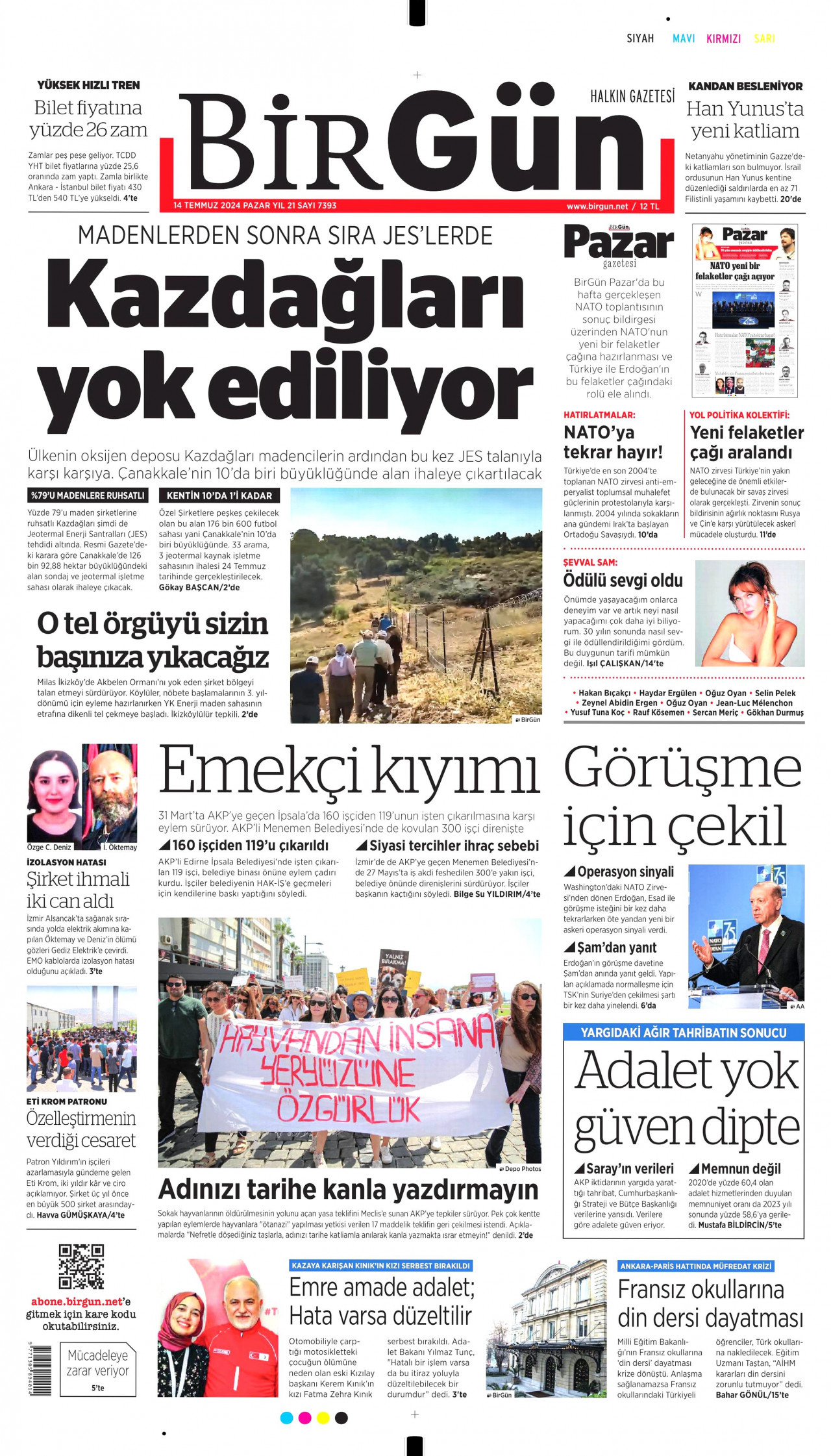 BİRGÜN gazetesinin 14 Temmuz 2024 tarihli birinci sayfası