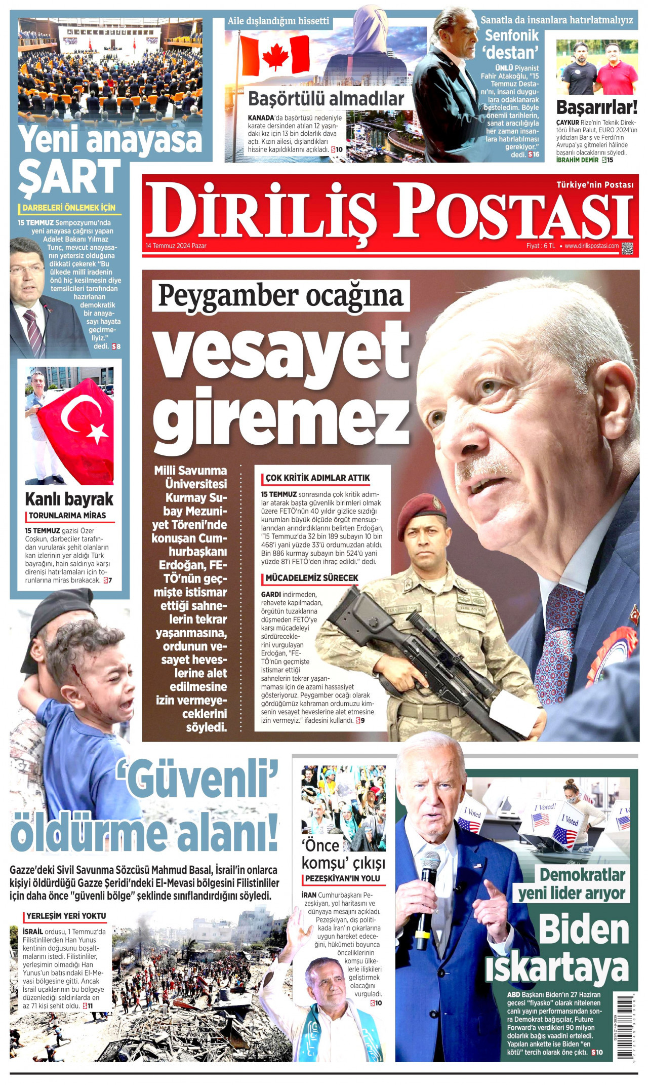 DİRİLİŞ POSTASI gazetesinin 14 Temmuz 2024 tarihli birinci sayfası