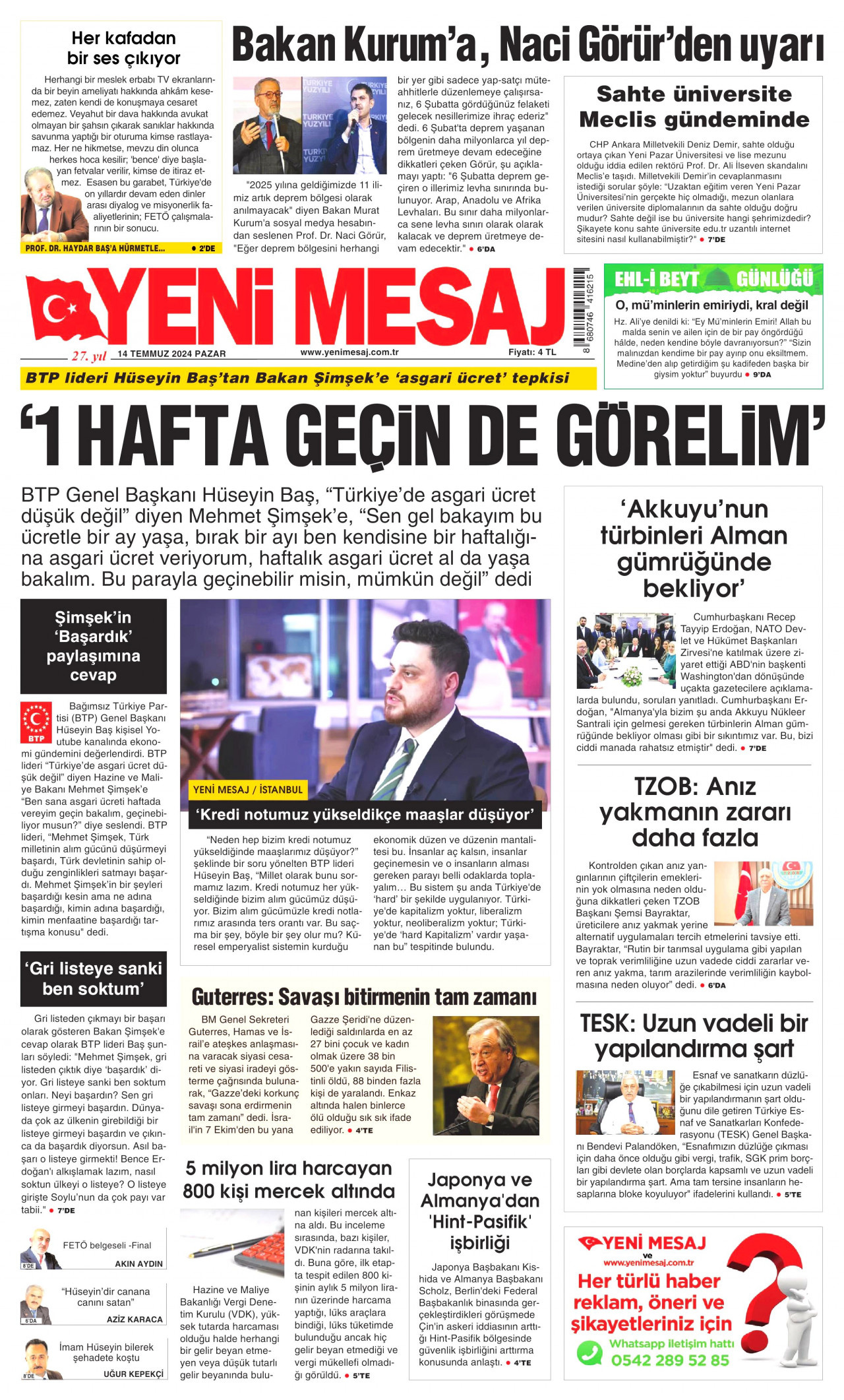 YENİ MESAJ gazetesinin 14 Temmuz 2024 tarihli birinci sayfası