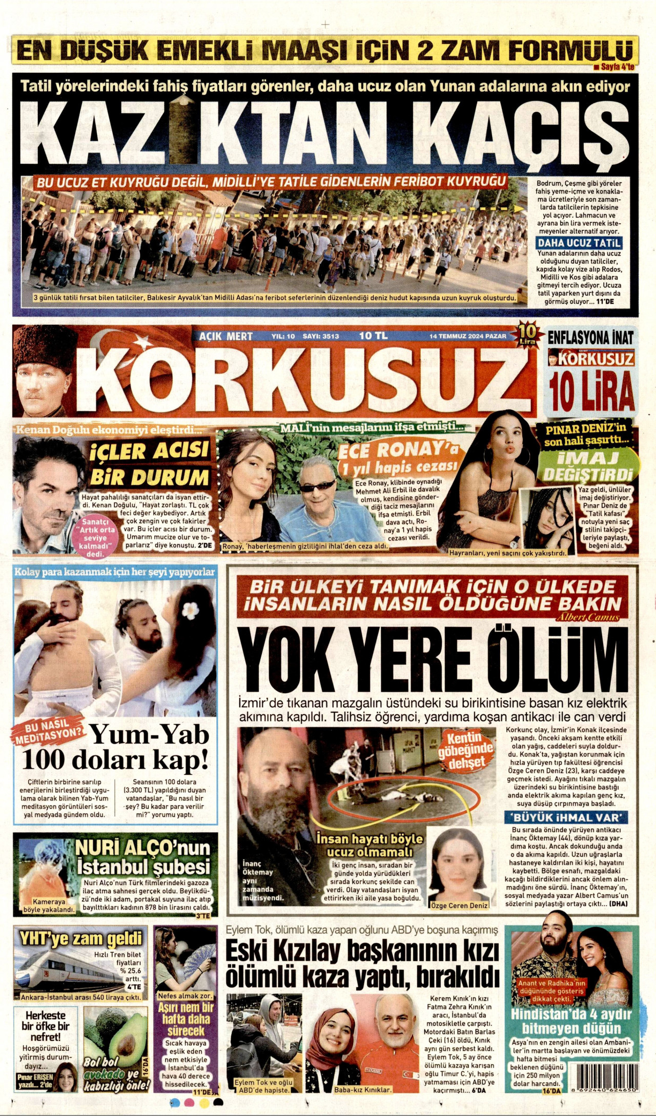 KORKUSUZ gazetesinin 14 Temmuz 2024 tarihli birinci sayfası