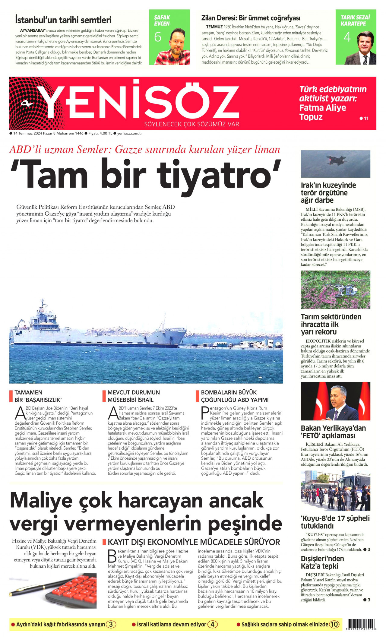 YENİ SÖZ GAZETESİ gazetesinin 14 Temmuz 2024 tarihli birinci sayfası