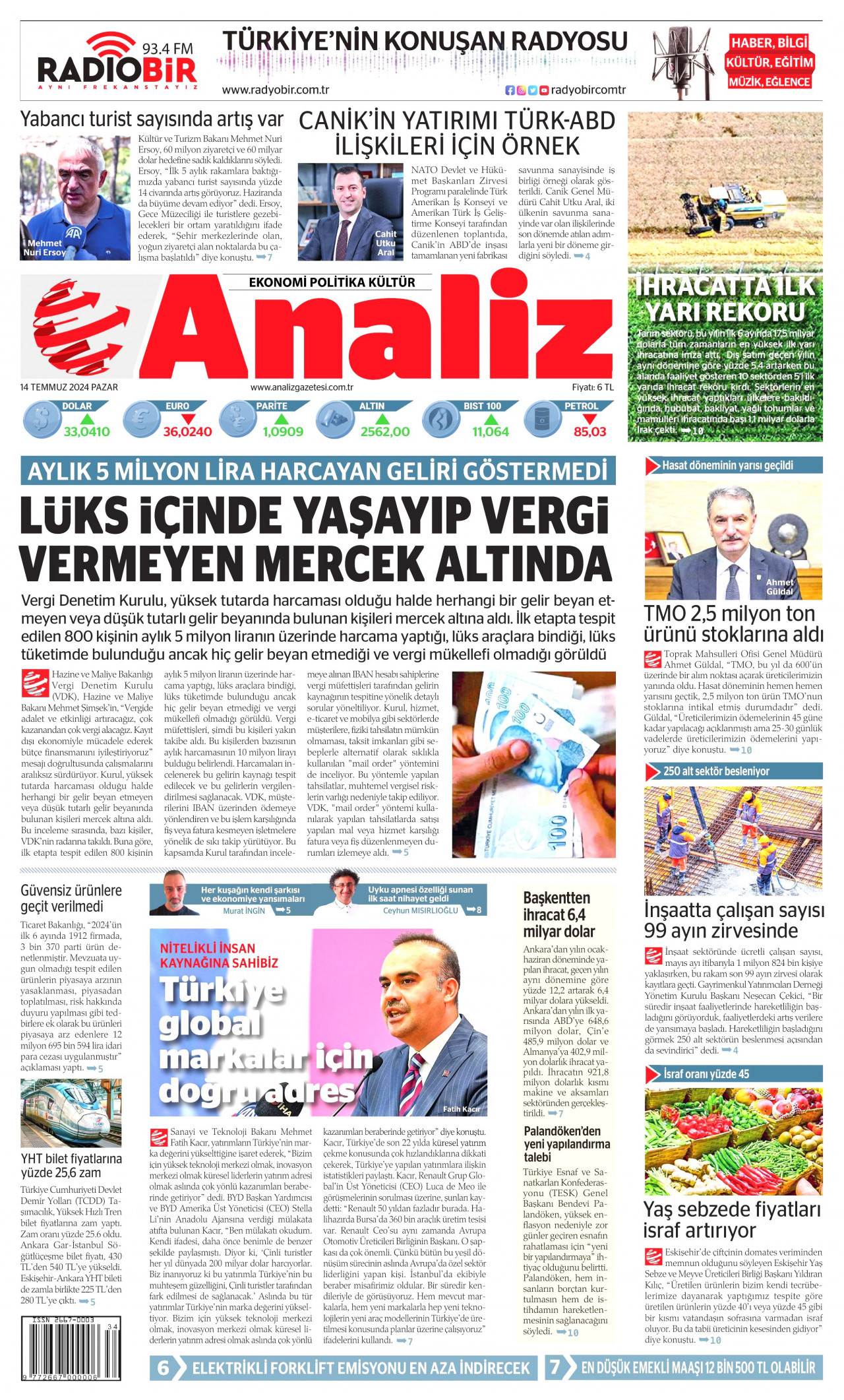 ANALİZ gazetesinin 14 Temmuz 2024 tarihli birinci sayfası