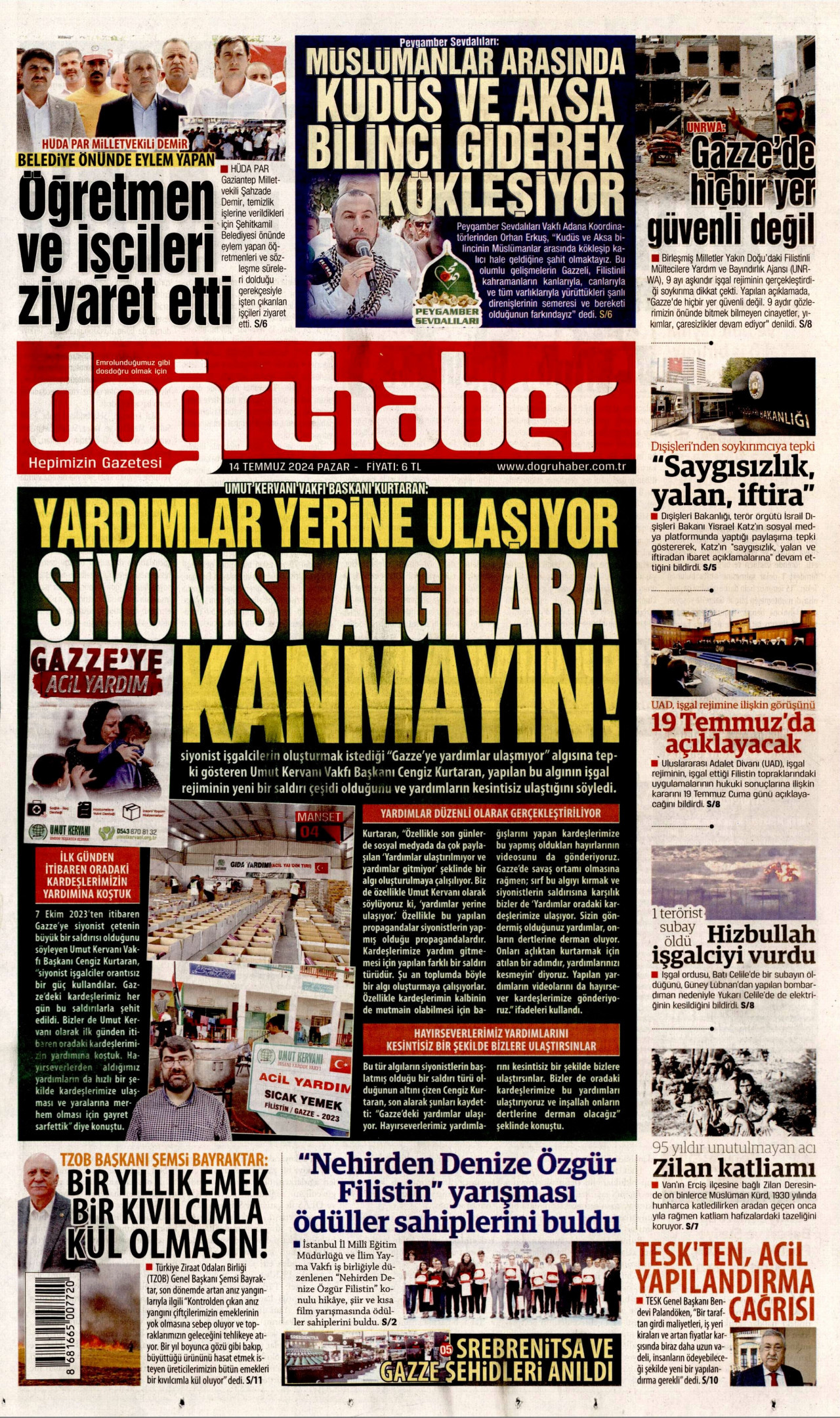 DOĞRU HABER gazetesinin 14 Temmuz 2024 tarihli birinci sayfası