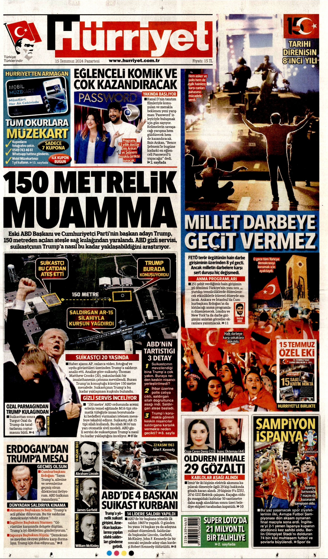 HÜRRİYET gazetesinin 15 Temmuz 2024 tarihli birinci sayfası
