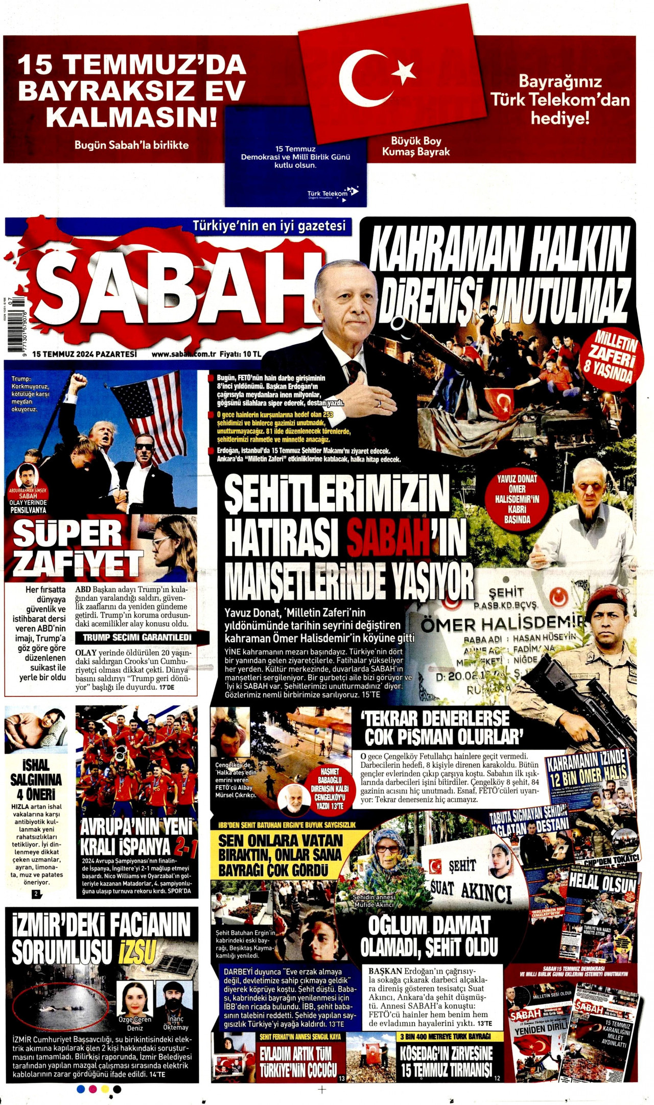 SABAH gazetesinin 15 Temmuz 2024 tarihli birinci sayfası