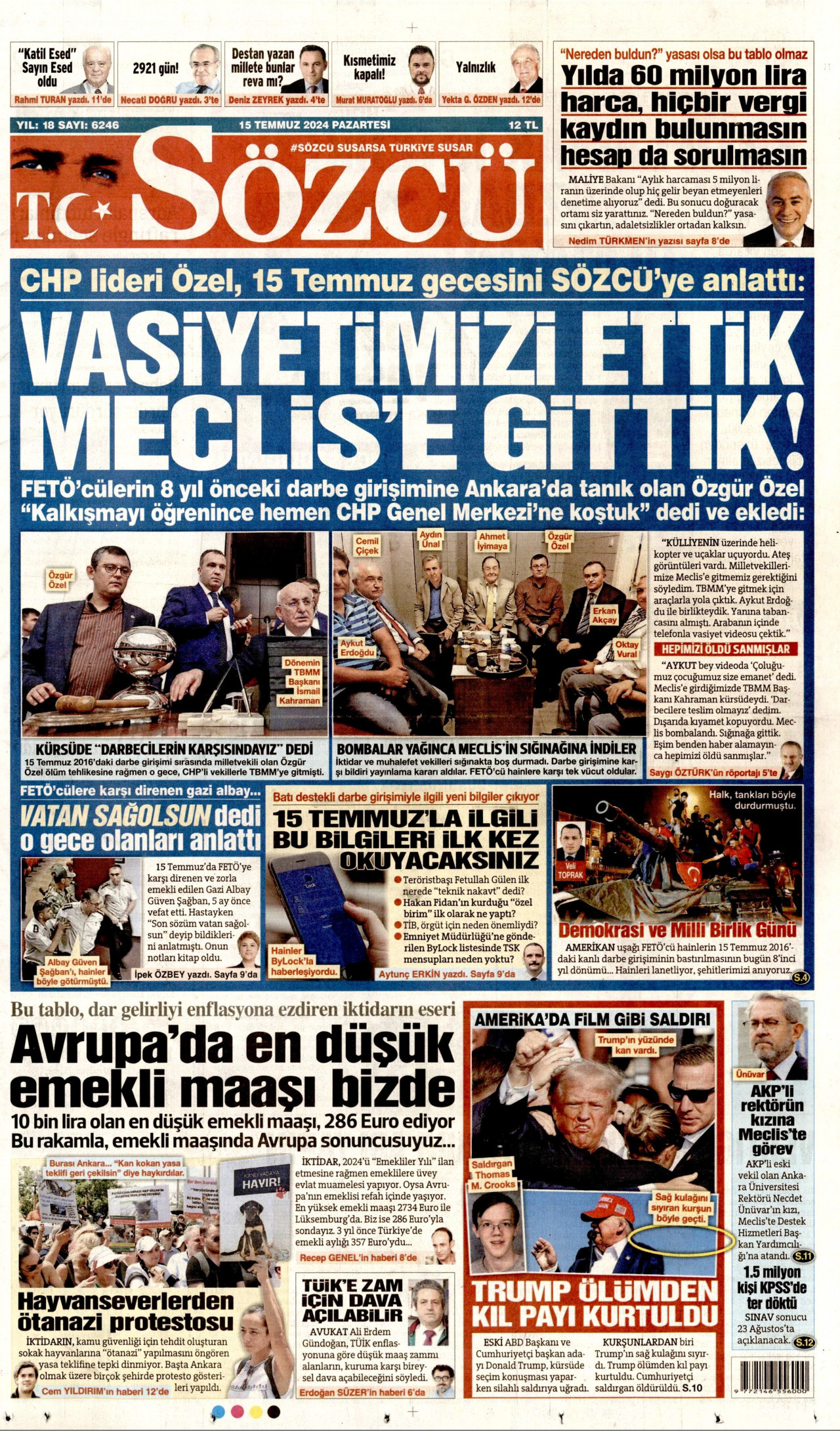 SÖZCÜ gazetesinin 15 Temmuz 2024 tarihli birinci sayfası
