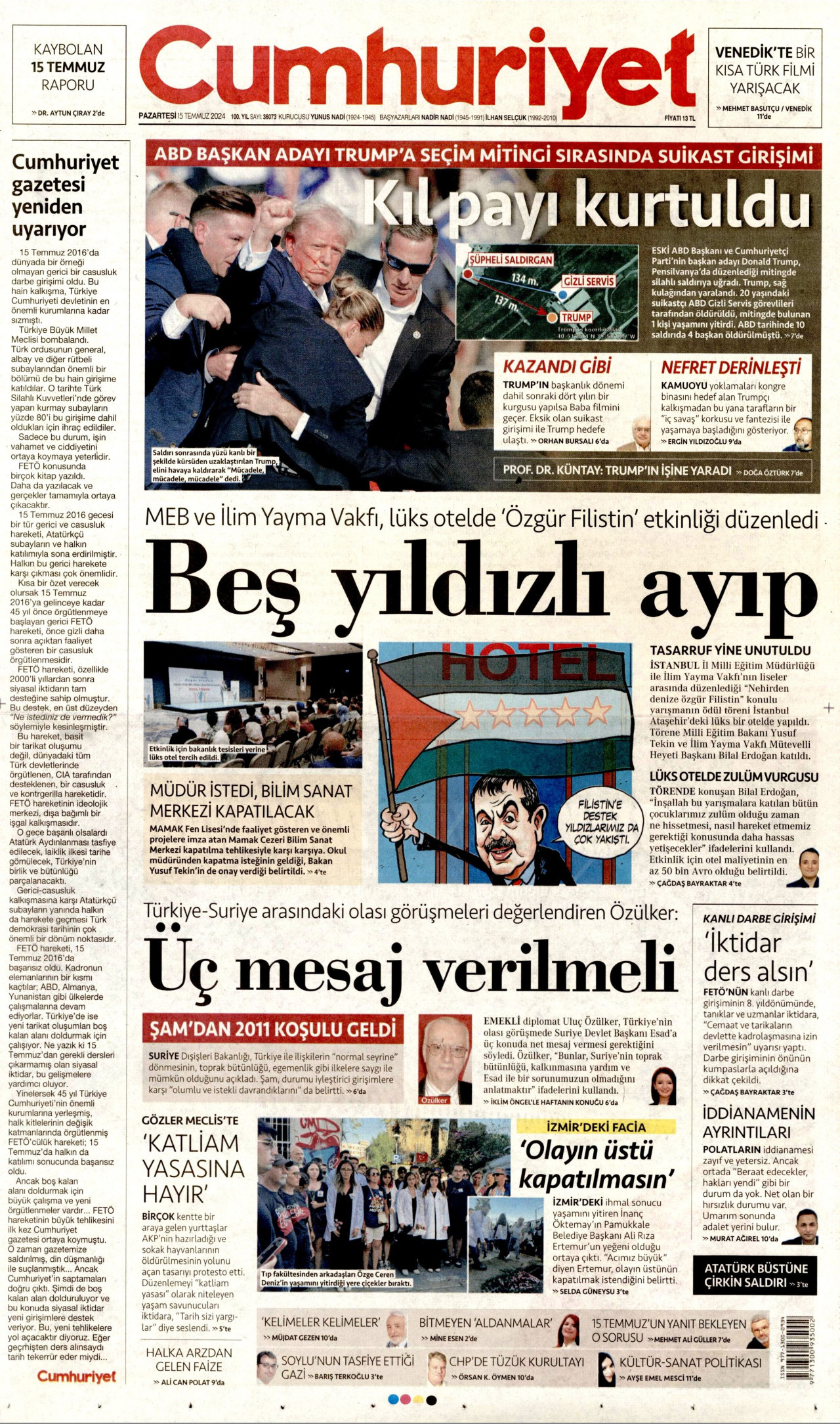 CUMHURİYET gazetesinin 15 Temmuz 2024 tarihli birinci sayfası
