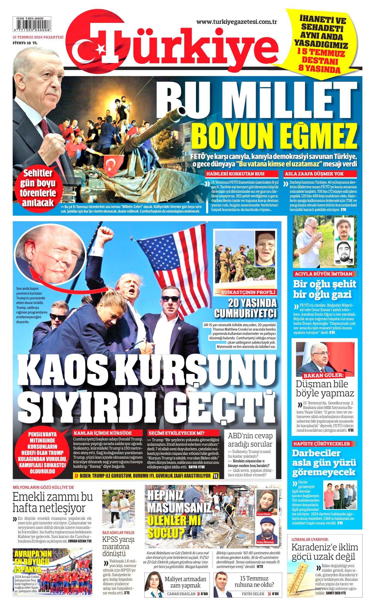 TÜRKİYE GAZETESİ gazetesinin 15 Temmuz 2024 tarihli birinci sayfası