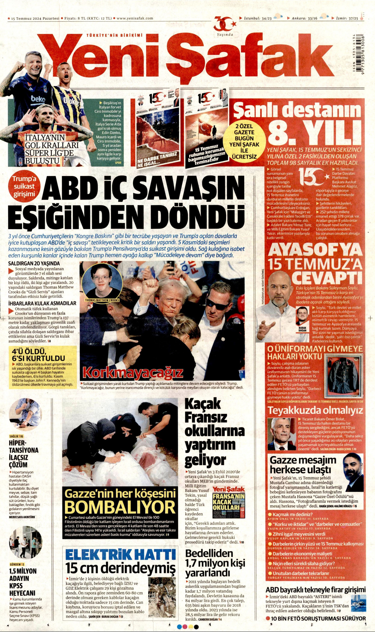 YENİ ŞAFAK gazetesinin 15 Temmuz 2024 tarihli birinci sayfası