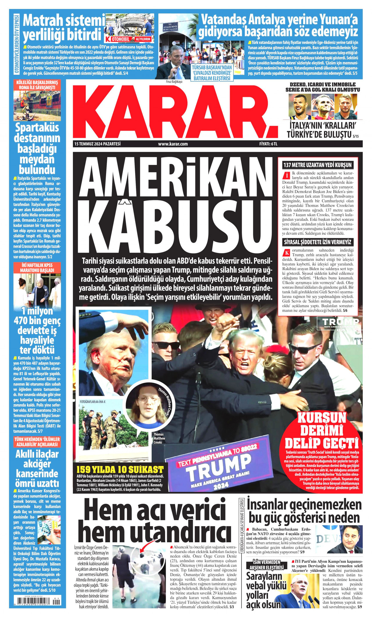 KARAR gazetesinin 15 Temmuz 2024 tarihli birinci sayfası