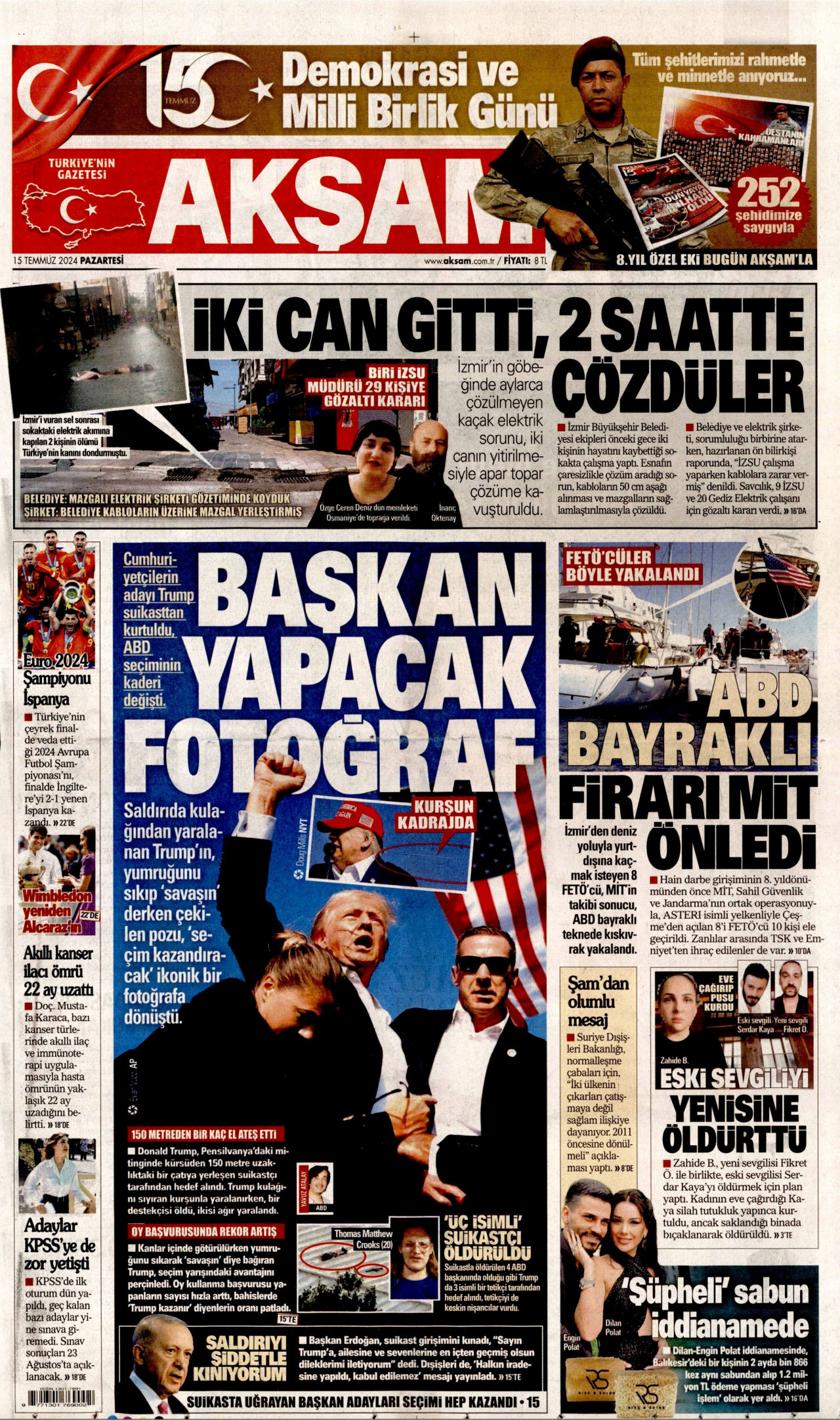 AKŞAM gazetesinin 15 Temmuz 2024 tarihli birinci sayfası