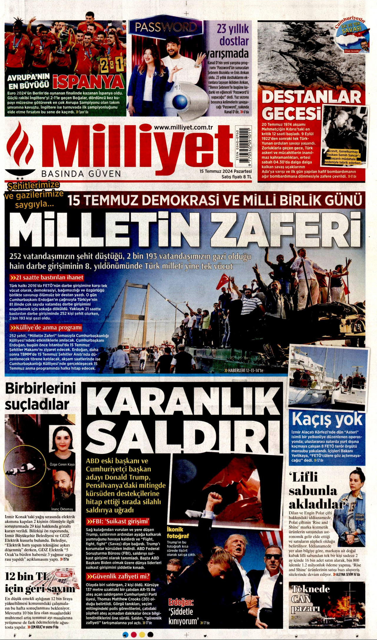MİLLİYET gazetesinin 15 Temmuz 2024 tarihli birinci sayfası