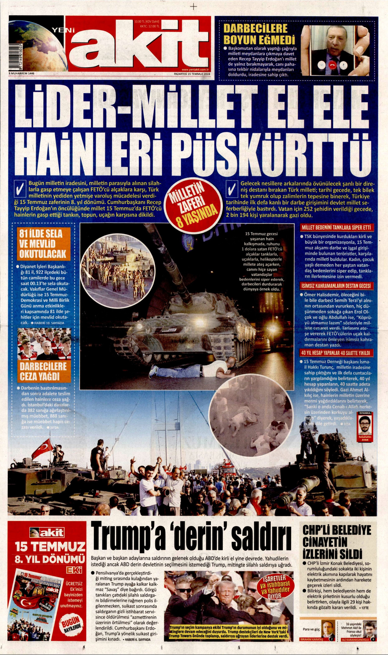 YENİ AKİT gazetesinin 15 Temmuz 2024 tarihli birinci sayfası
