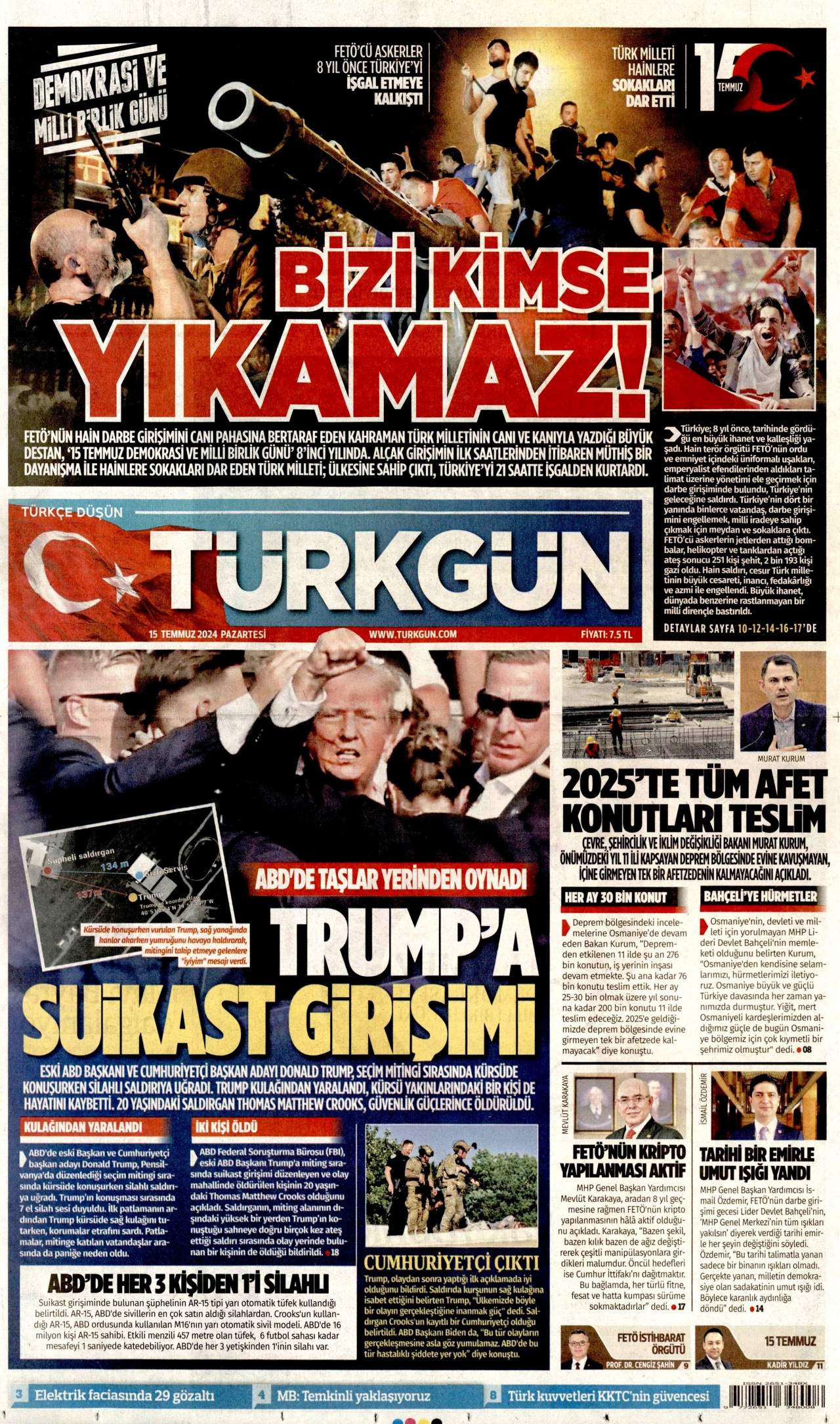 TÜRKGÜN gazetesinin 15 Temmuz 2024 tarihli birinci sayfası