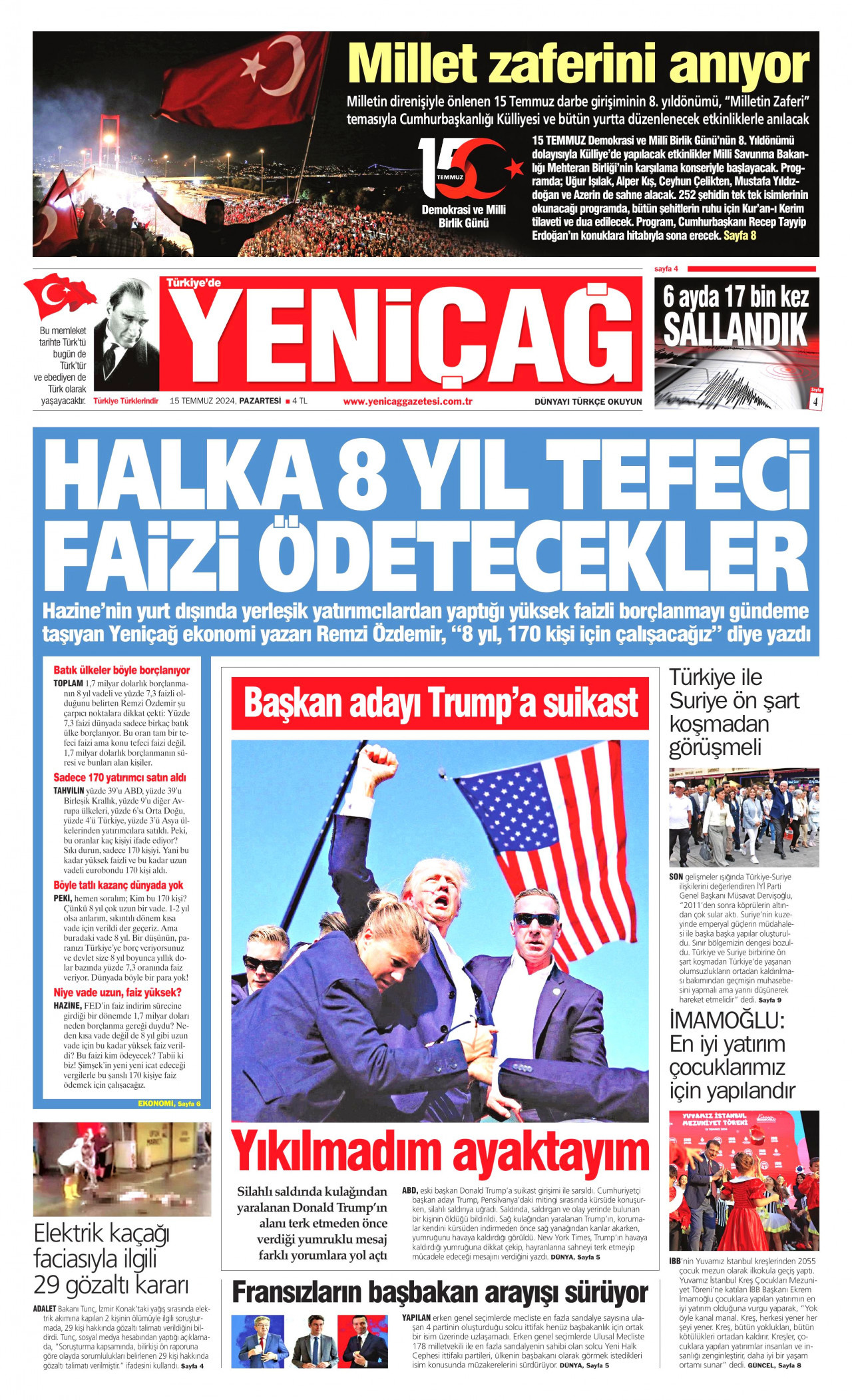 YENİÇAĞ gazetesinin 15 Temmuz 2024 tarihli birinci sayfası
