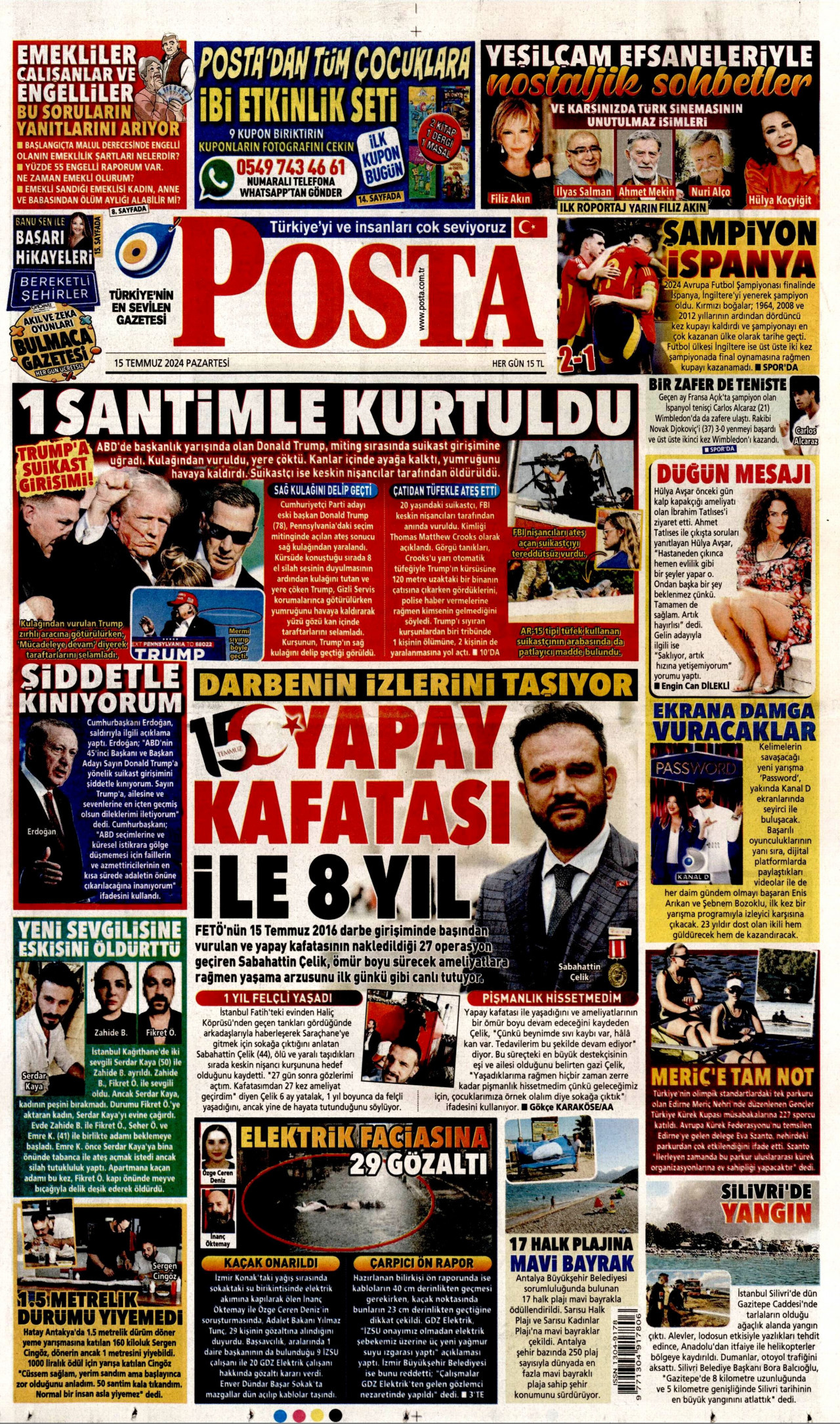 POSTA gazetesinin 15 Temmuz 2024 tarihli birinci sayfası