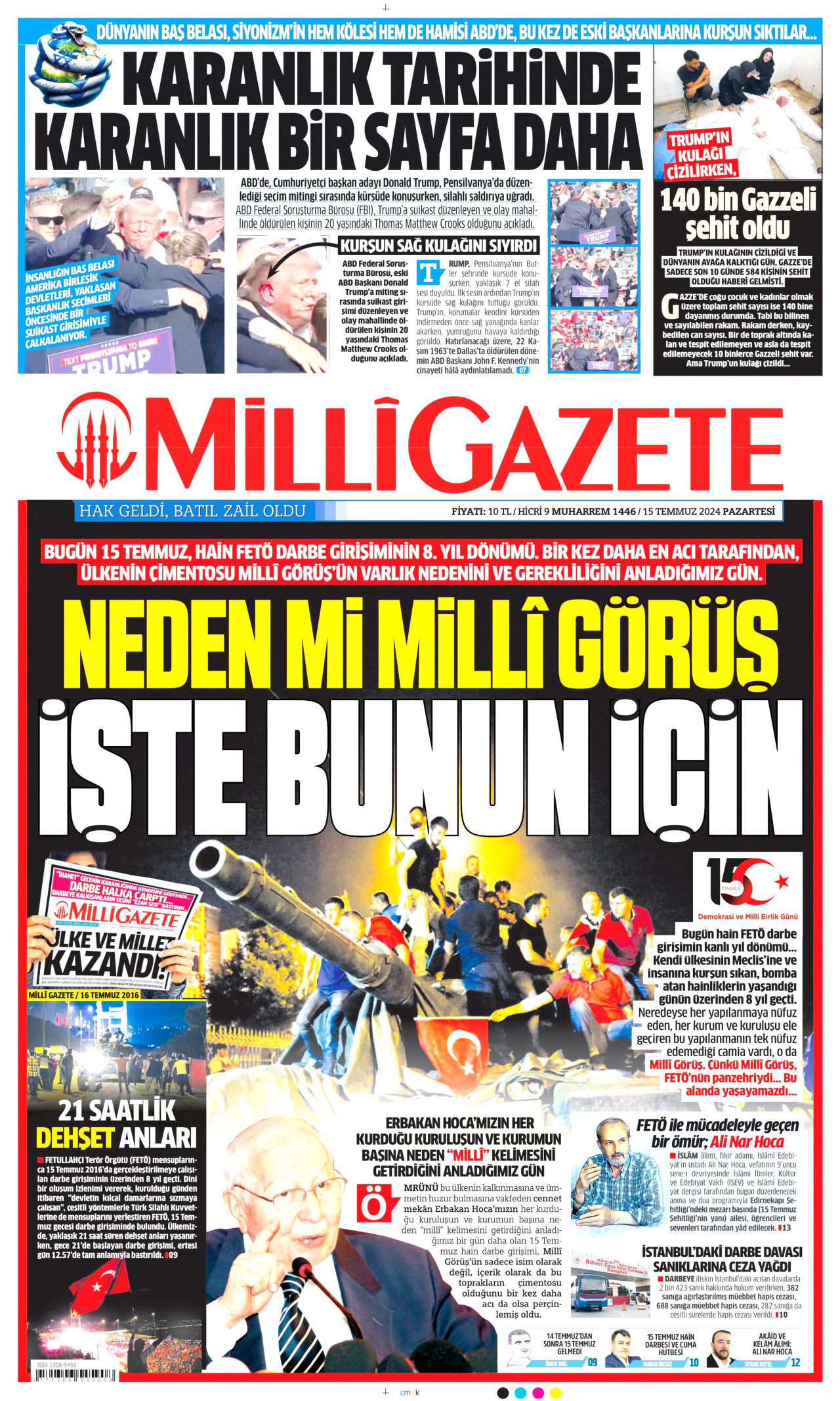 MİLLİ GAZETE gazetesinin 15 Temmuz 2024 tarihli birinci sayfası