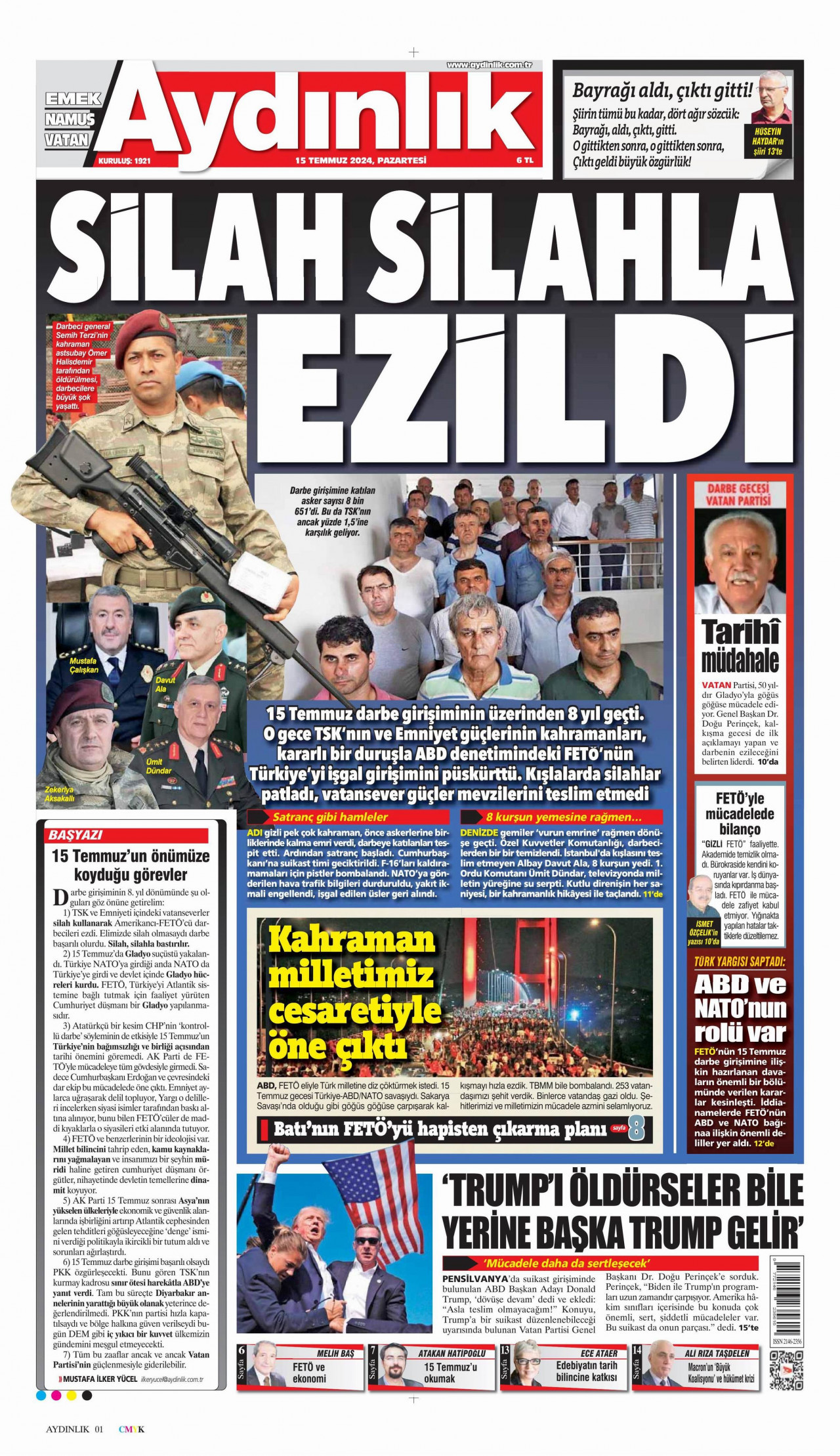 AYDINLIK GAZETESİ gazetesinin 15 Temmuz 2024 tarihli birinci sayfası