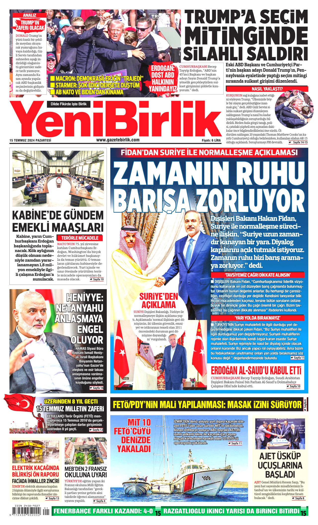 YENİBİRLİK gazetesinin 15 Temmuz 2024 tarihli birinci sayfası