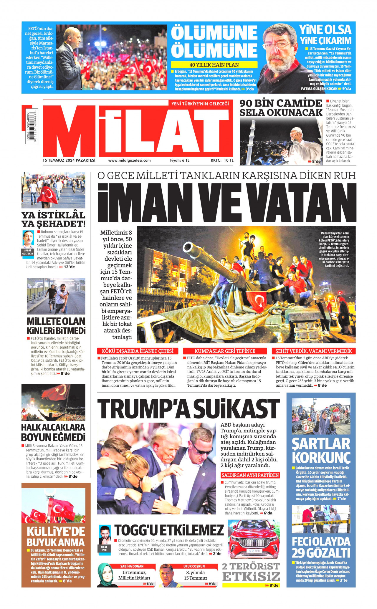 MİLAT gazetesinin 15 Temmuz 2024 tarihli birinci sayfası