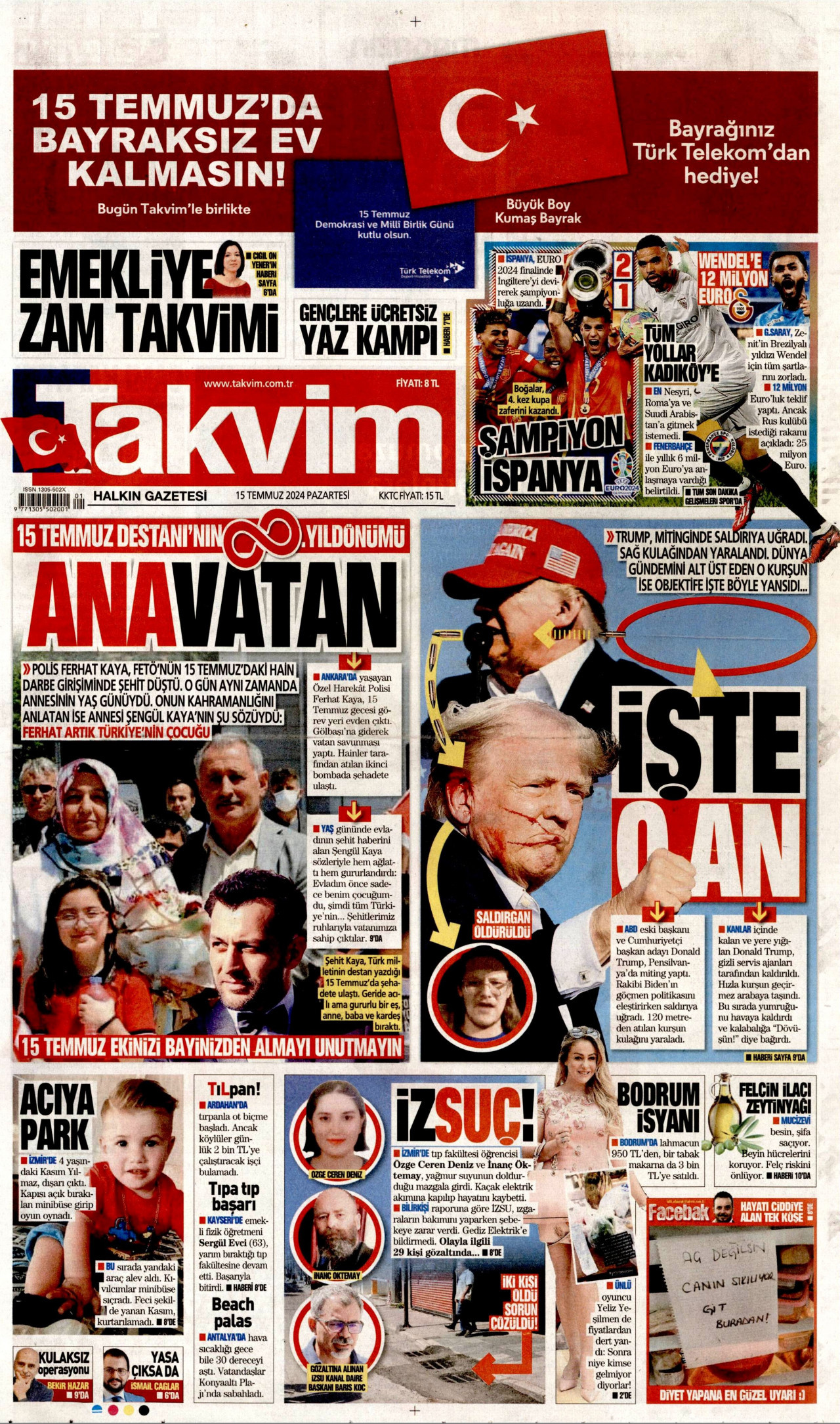 TAKVİM gazetesinin 15 Temmuz 2024 tarihli birinci sayfası