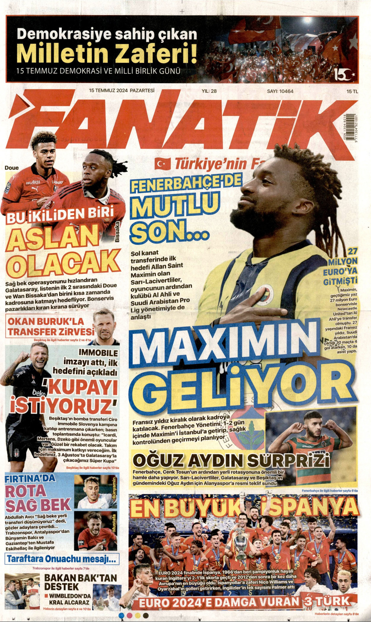 FANATİK gazetesinin 15 Temmuz 2024 tarihli birinci sayfası