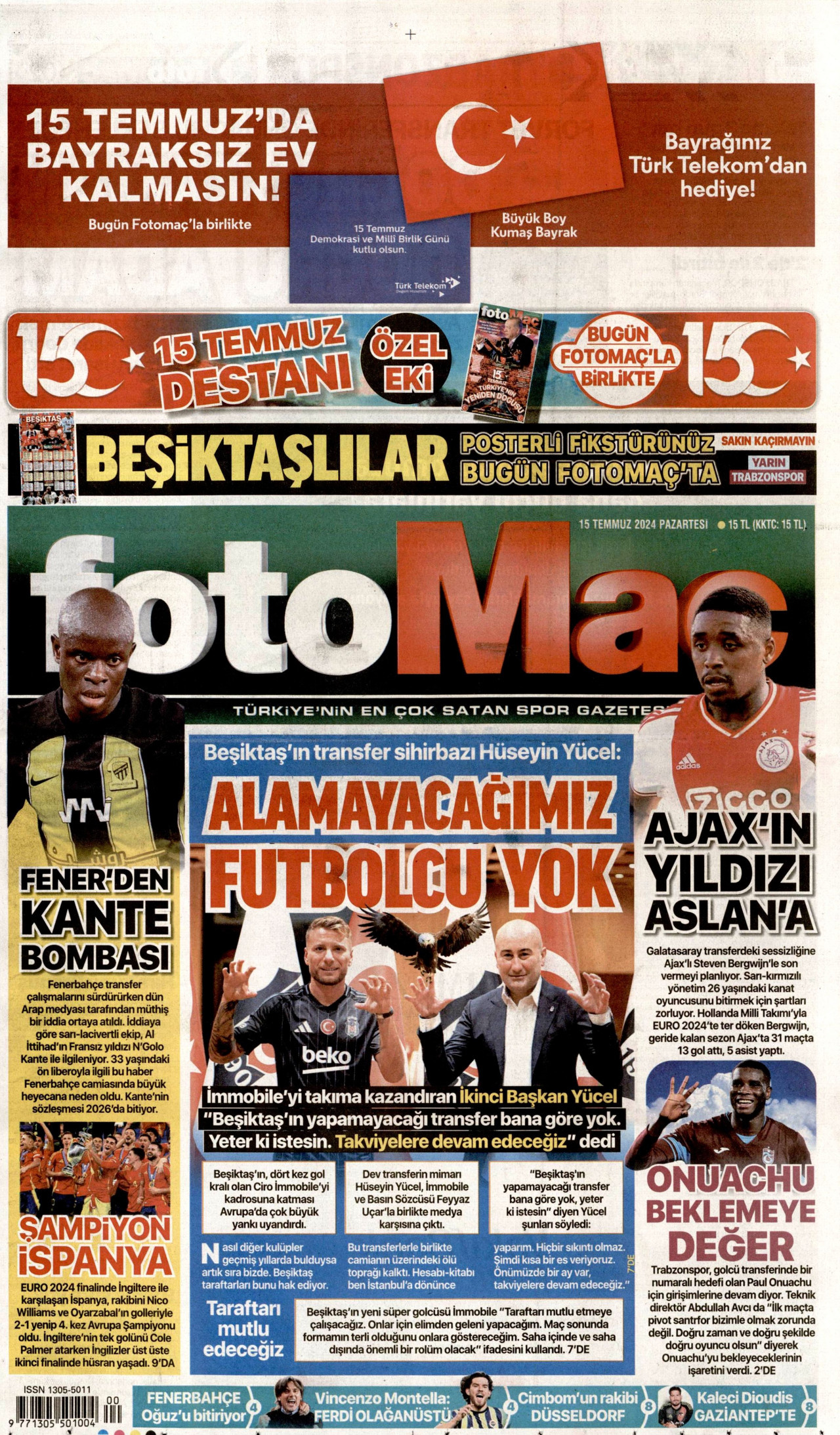 FOTOMAÇ gazetesinin 15 Temmuz 2024 tarihli birinci sayfası