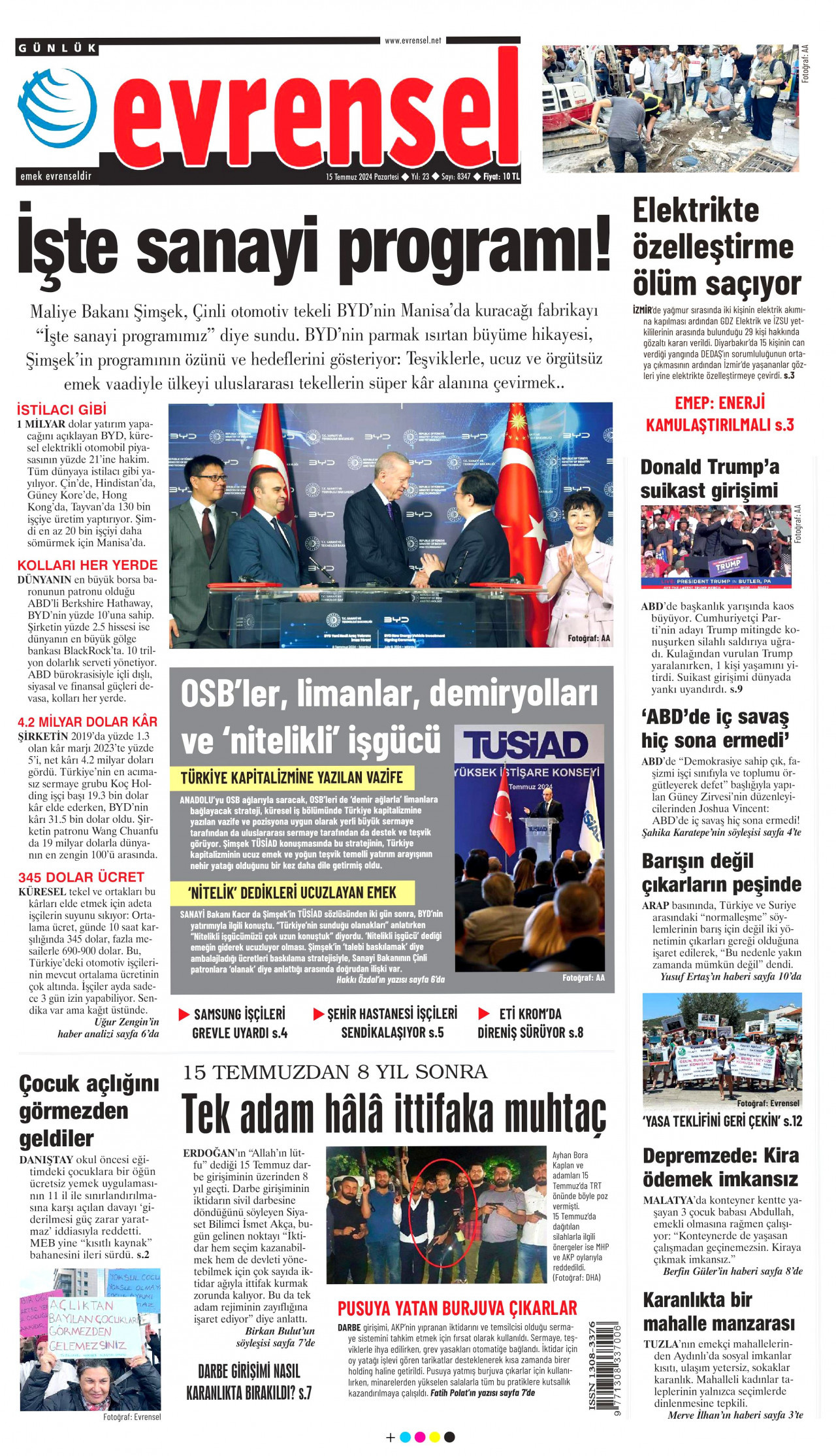 EVRENSEL gazetesinin 15 Temmuz 2024 tarihli birinci sayfası