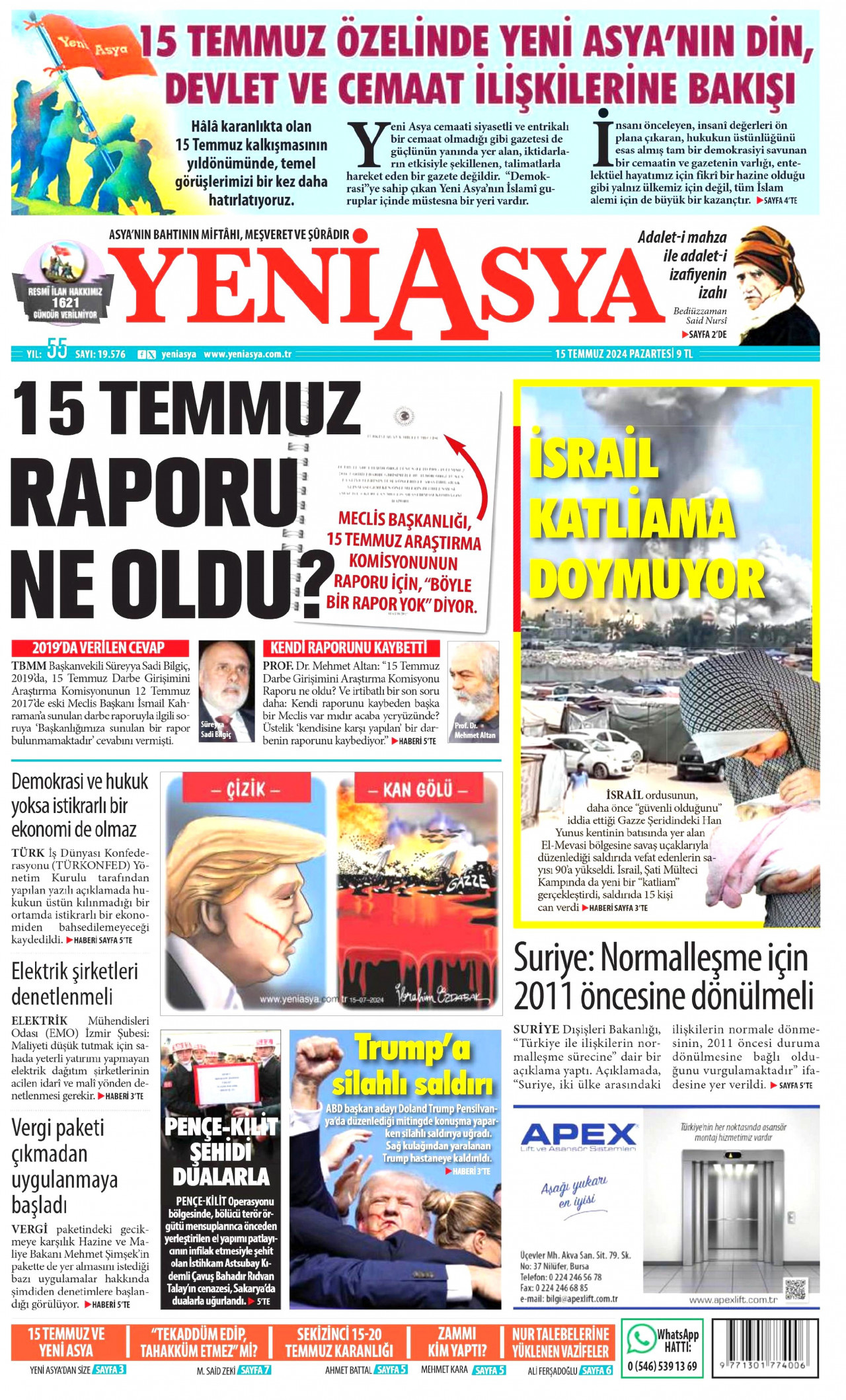 YENİ ASYA gazetesinin 15 Temmuz 2024 tarihli birinci sayfası