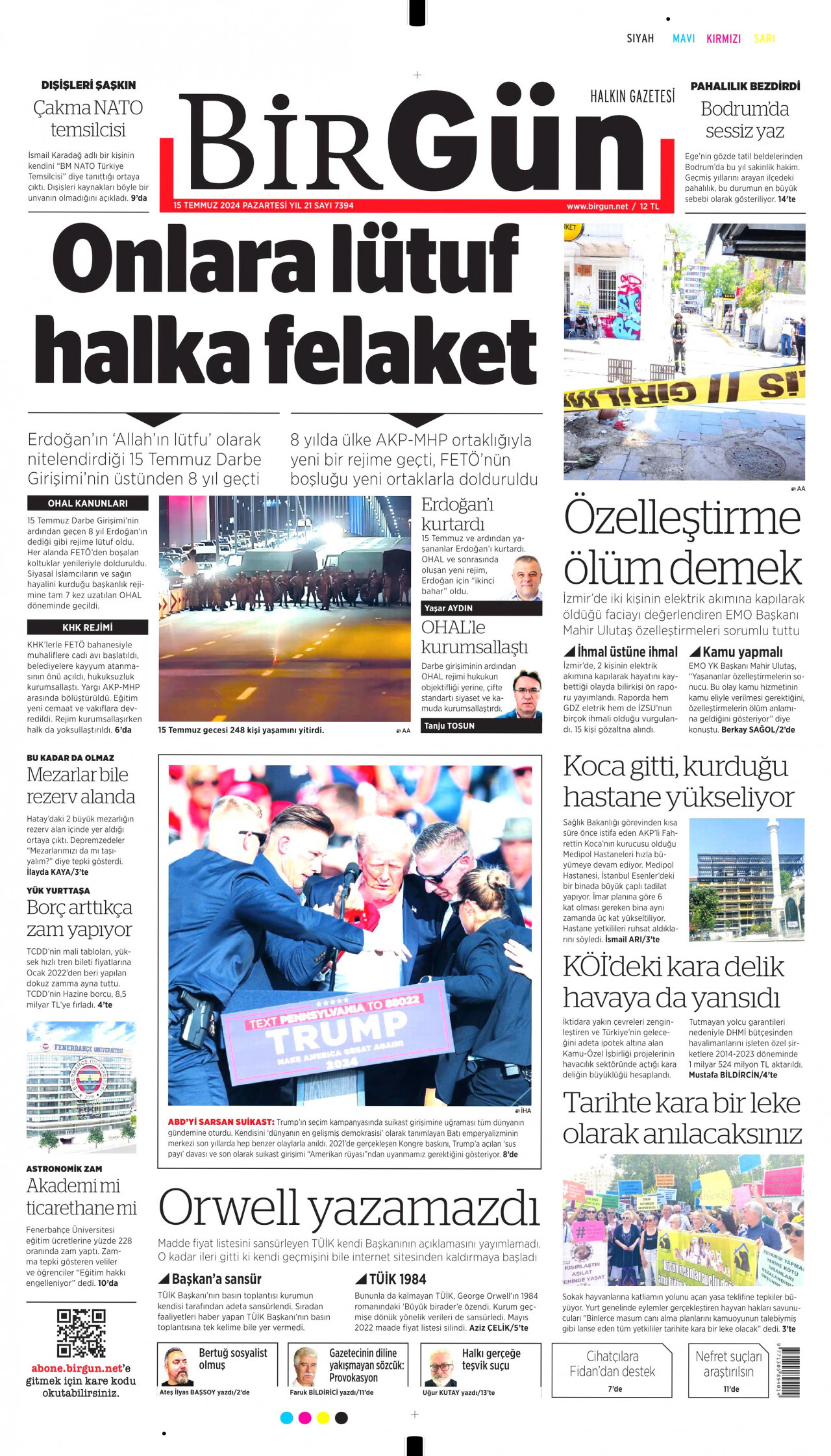 BİRGÜN gazetesinin 15 Temmuz 2024 tarihli birinci sayfası