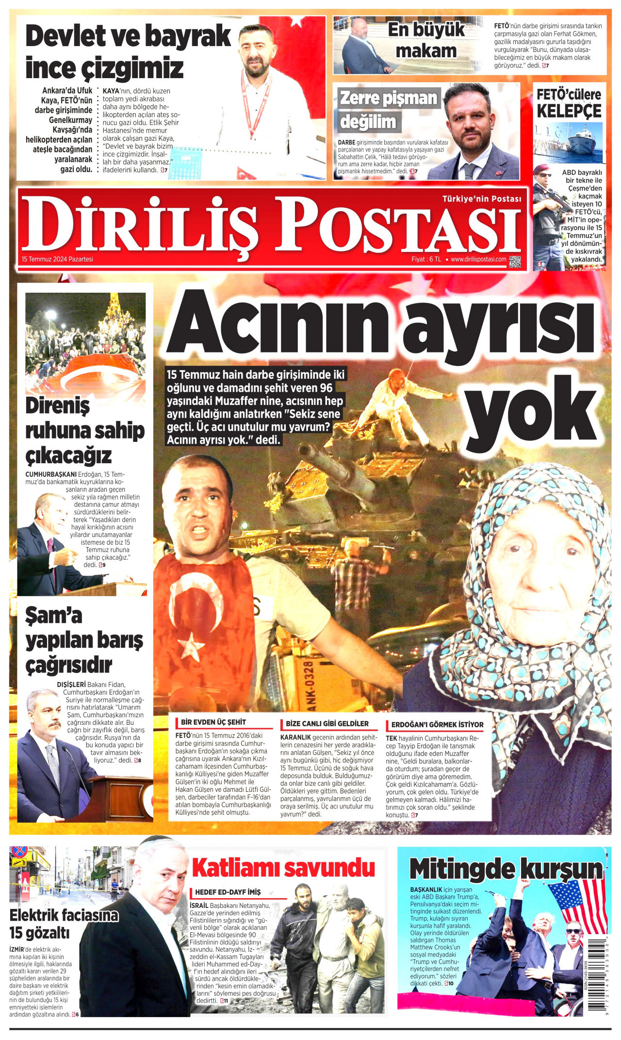 DİRİLİŞ POSTASI gazetesinin 15 Temmuz 2024 tarihli birinci sayfası
