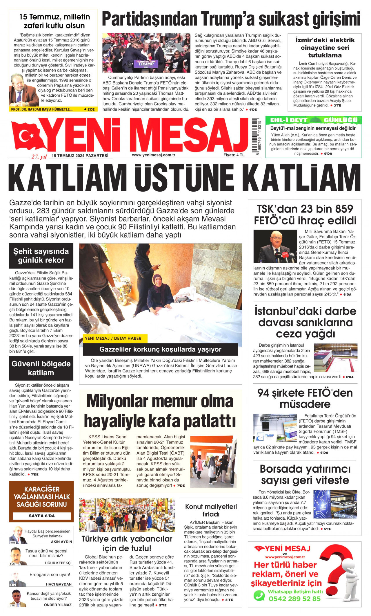 YENİ MESAJ gazetesinin 15 Temmuz 2024 tarihli birinci sayfası