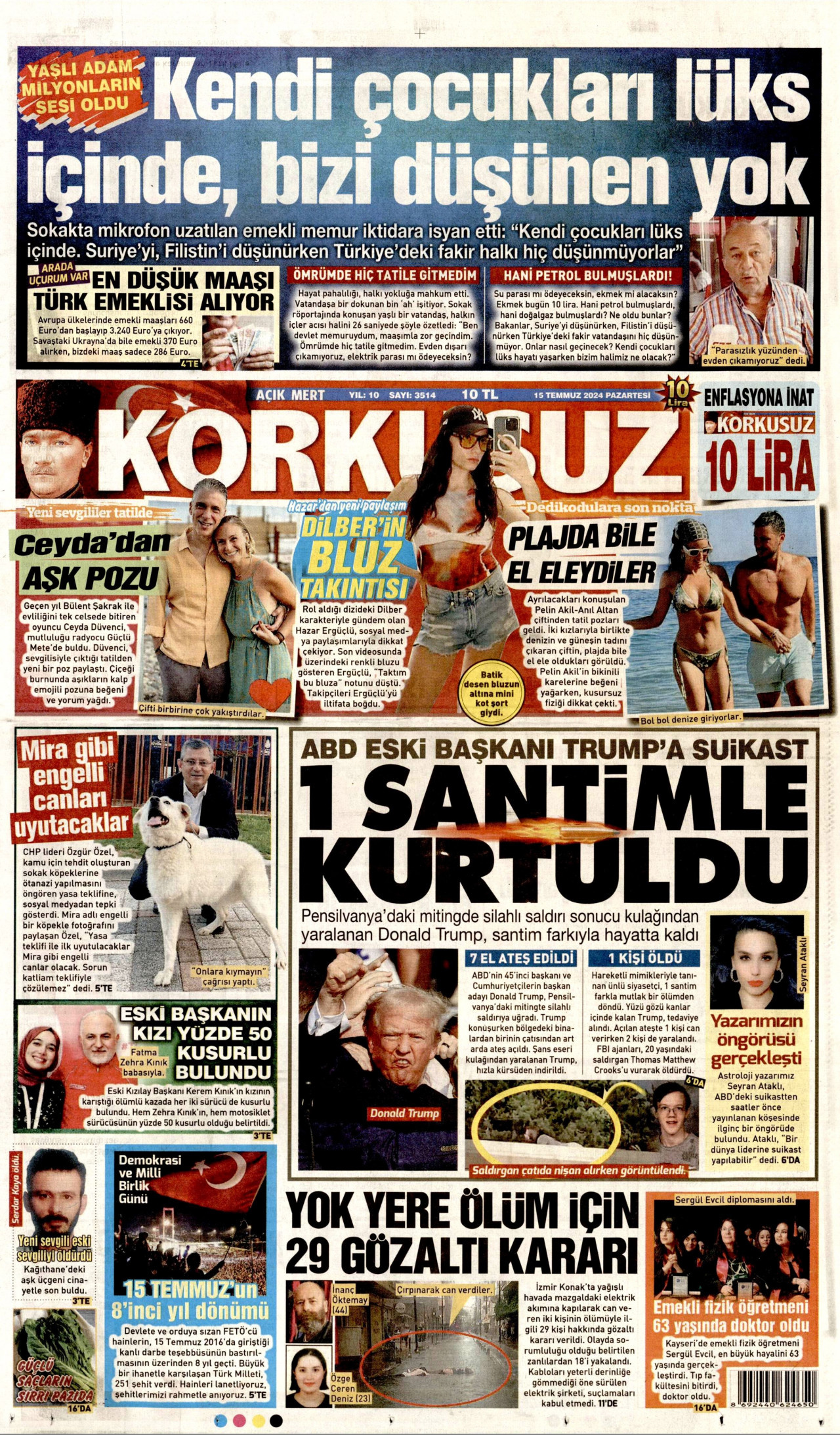 KORKUSUZ gazetesinin 15 Temmuz 2024 tarihli birinci sayfası